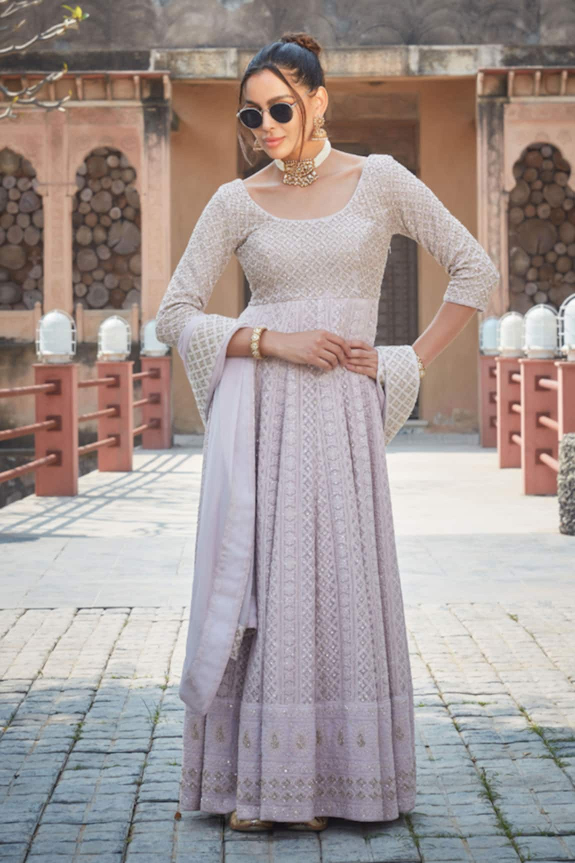 Bohame Keely Floral Chikankari Embroidered Anarkali With Dupatta