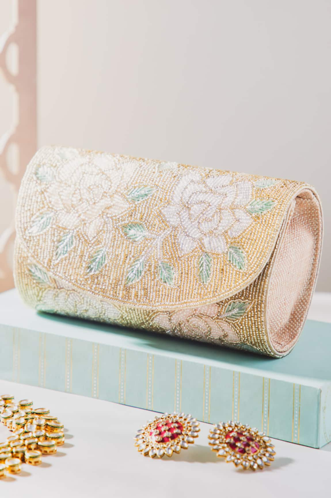 Alor Bags Floral Bead & Cutdana Embroidered Envelope Clutch