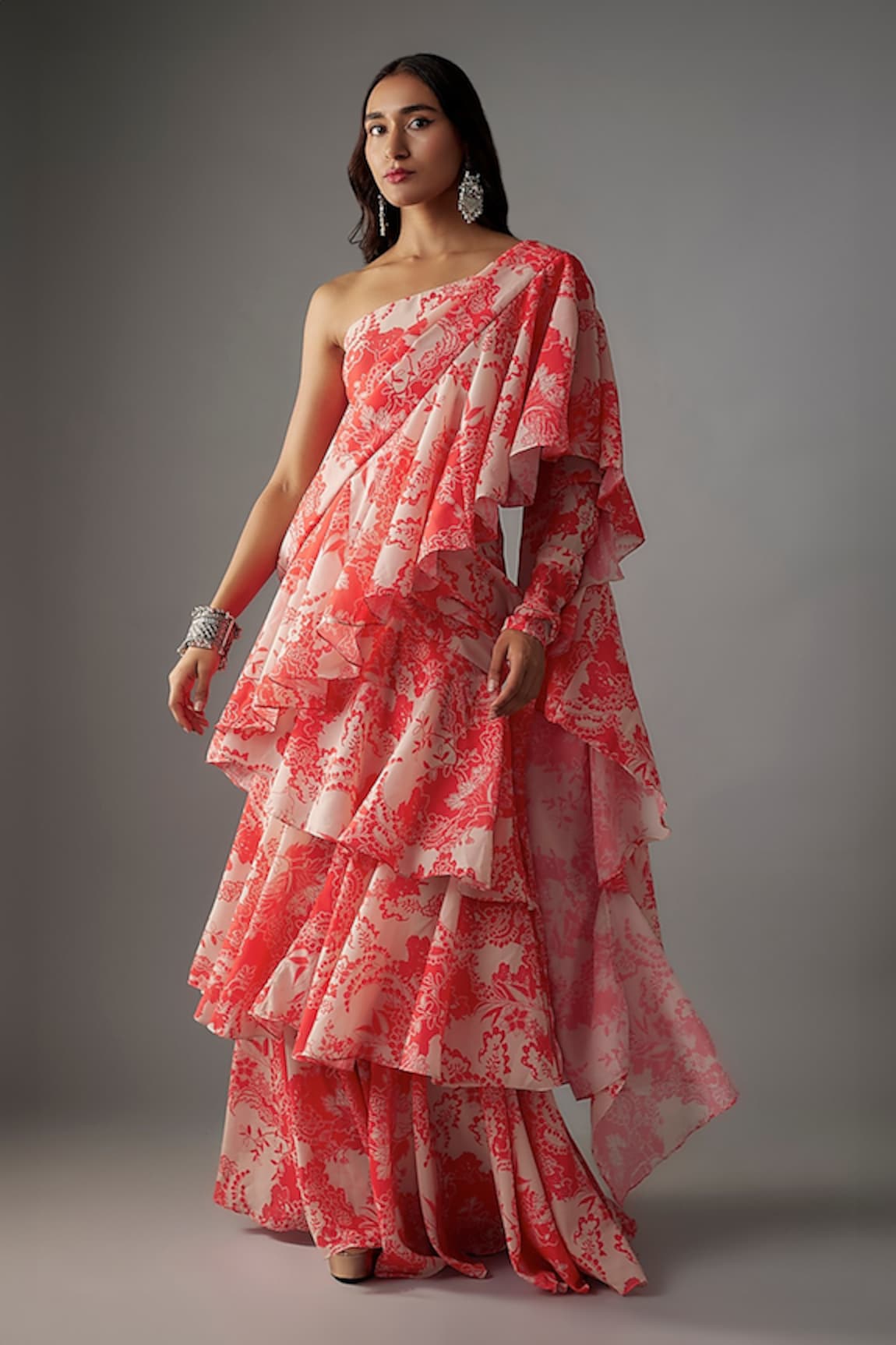 Vana Ethnics Blossom Print Pre-Draped Ruffle Tiered Saree With Blouse