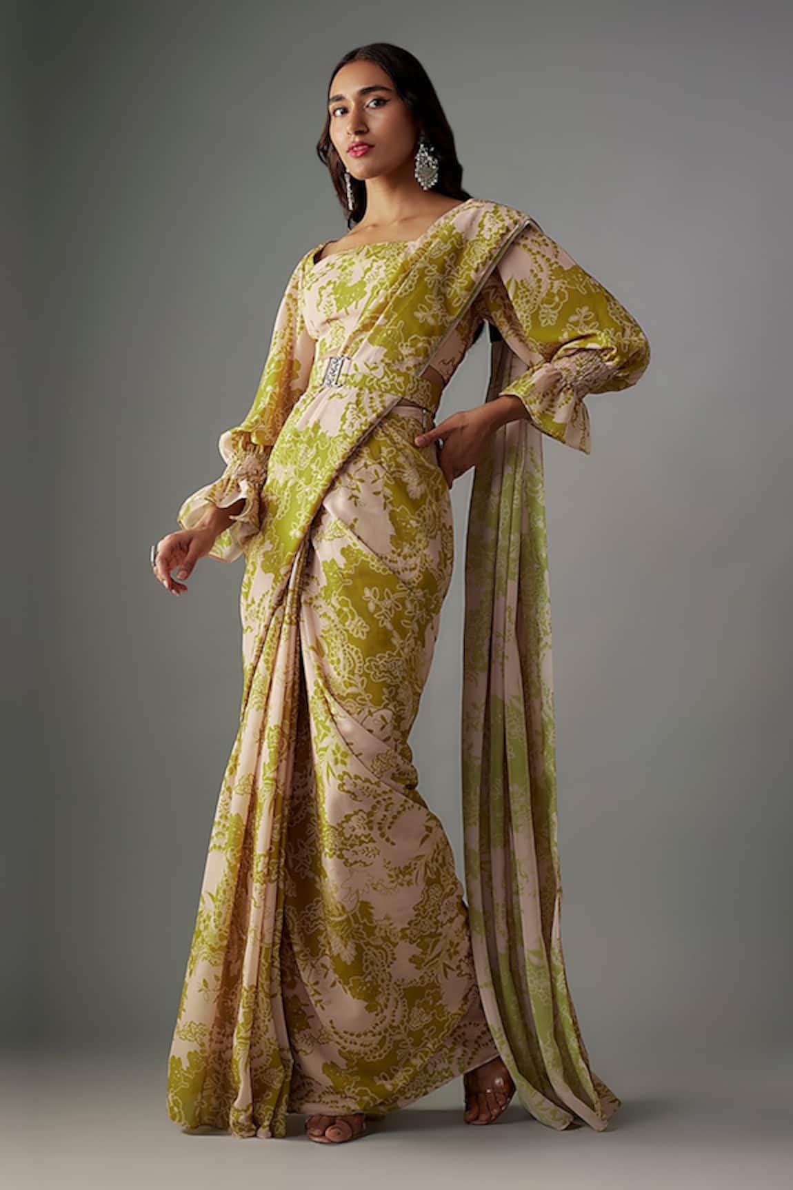 Vana Ethnics Bloom Print Pre-Draped Saree With Blouse