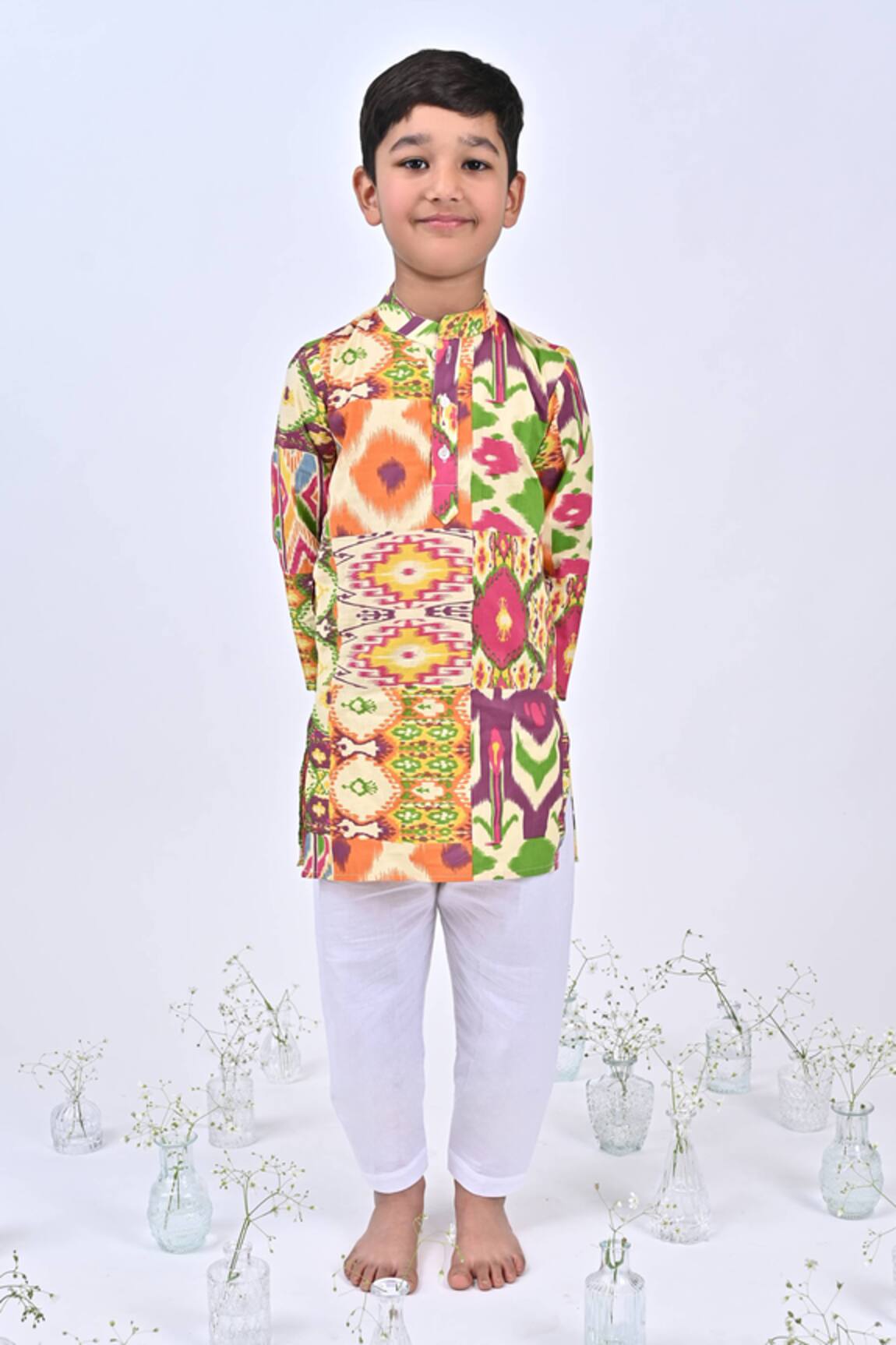 THE COTTON STAPLE Macron Patchwork Ikat Print Kurta With Pant