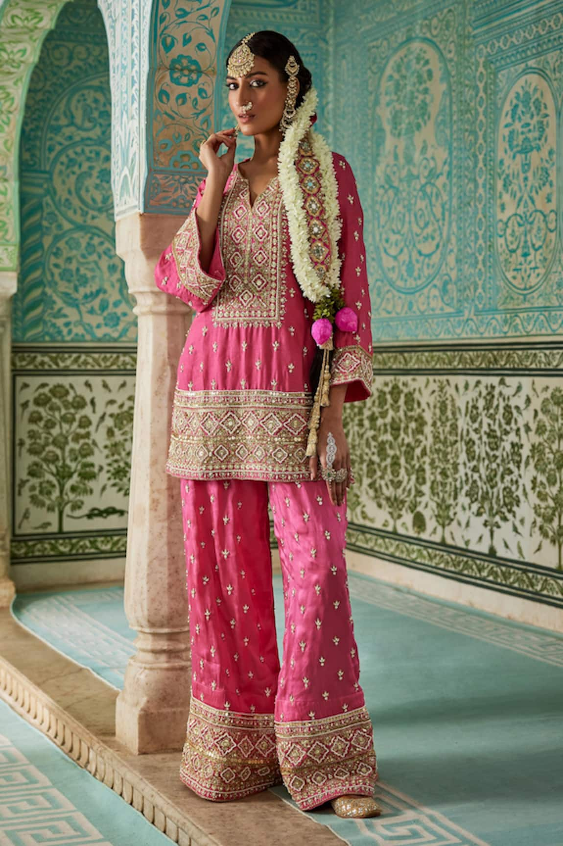 The Royaleum Roshnai Silk Zari Embroidered Kurta With Palazzo