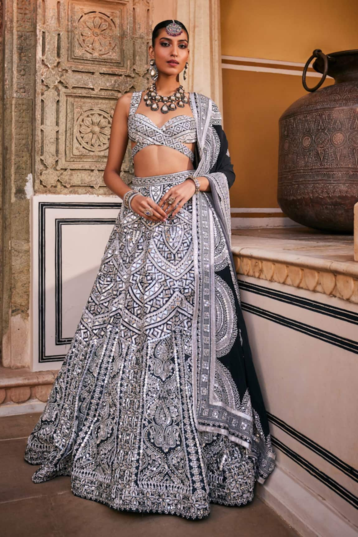 The Royaleum Sheesha Mirrorwork Embellished Scallop Lehenga Set