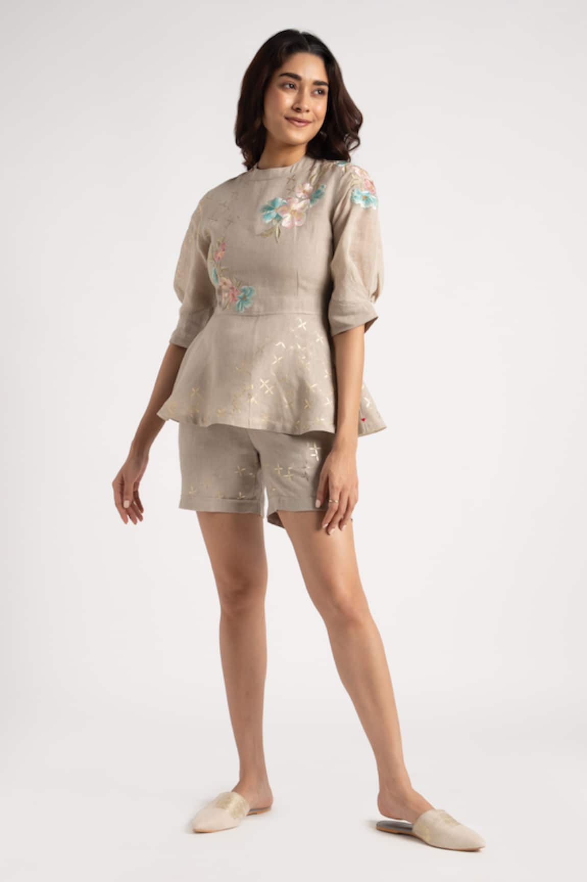 Kaveri Corsage Embroidered Peplum Top With Shorts