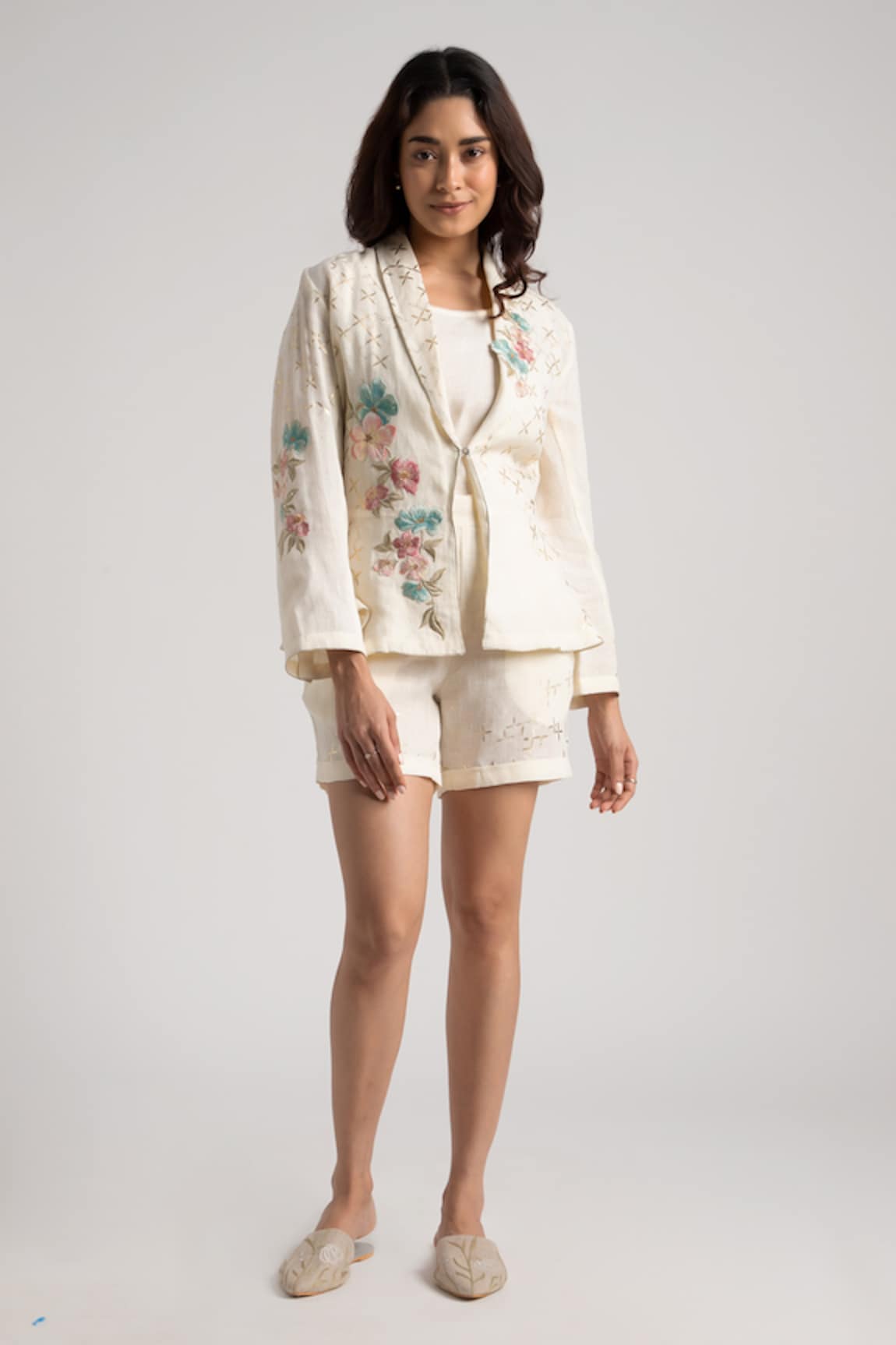 Kaveri Flower Corsage Embroidered Jacket Shorts Set