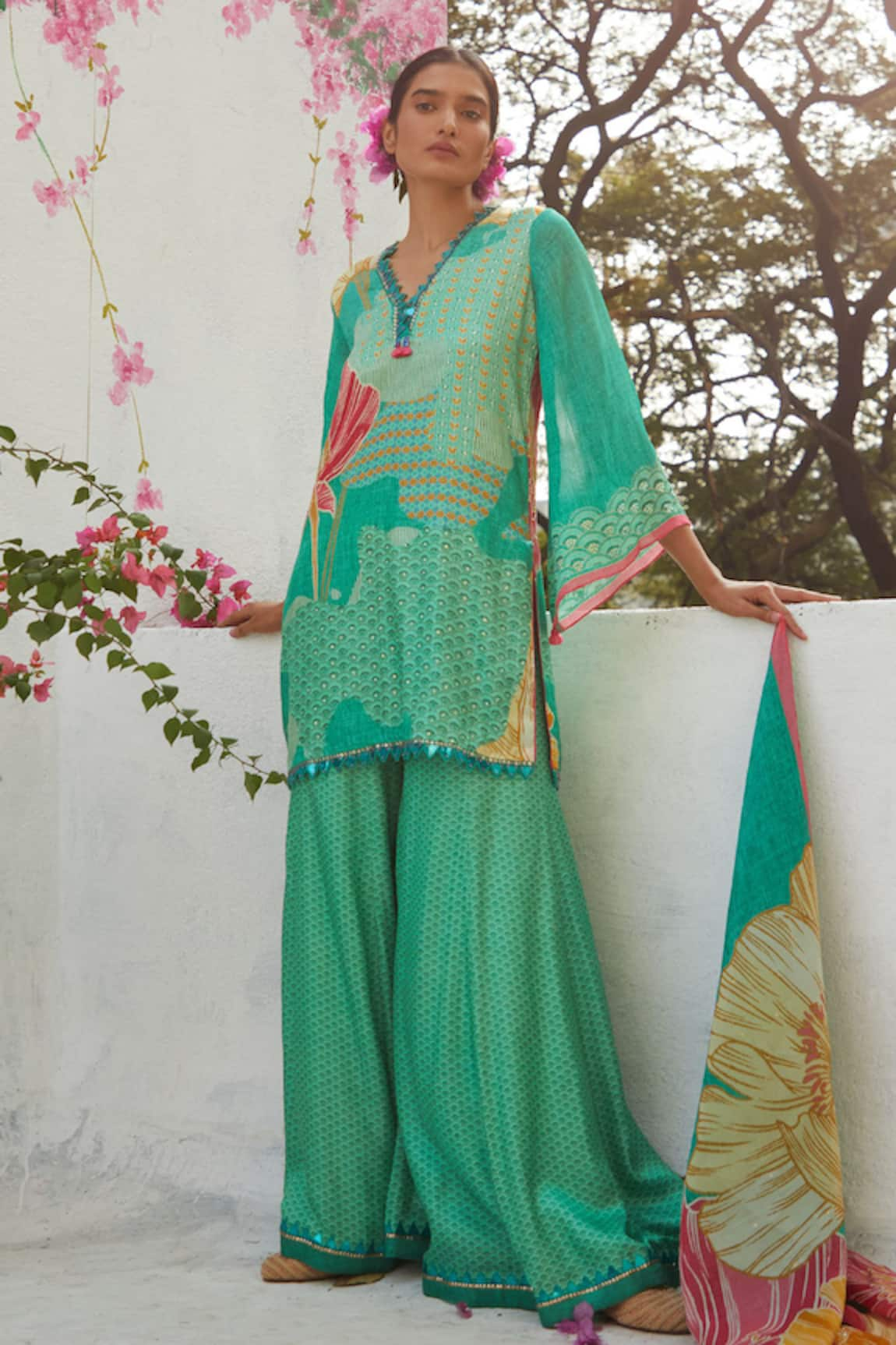 Basil Leaf Floral Print Kurta Sharara Set