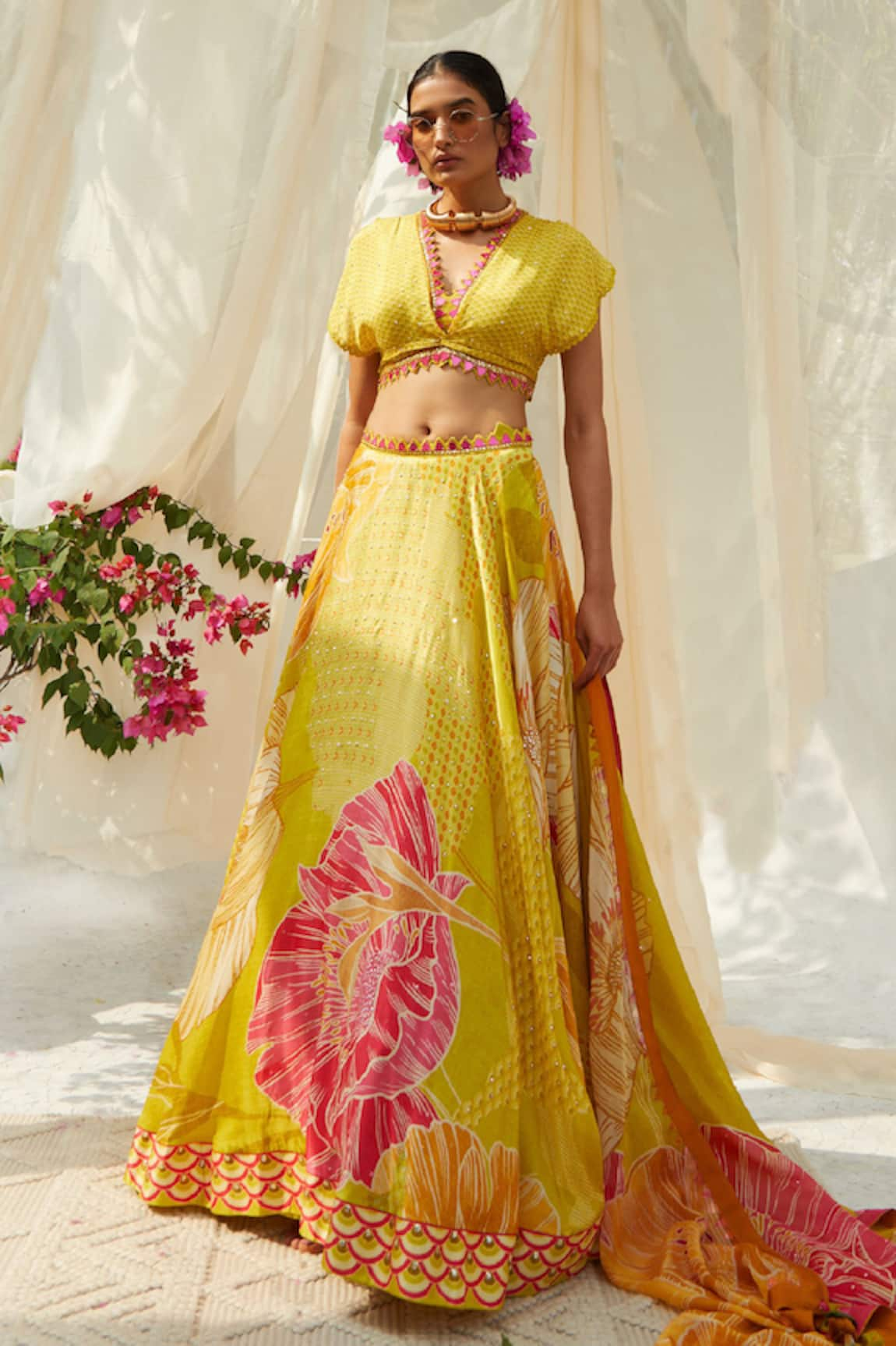 Basil Leaf Flower Bloom Print Lehenga Set