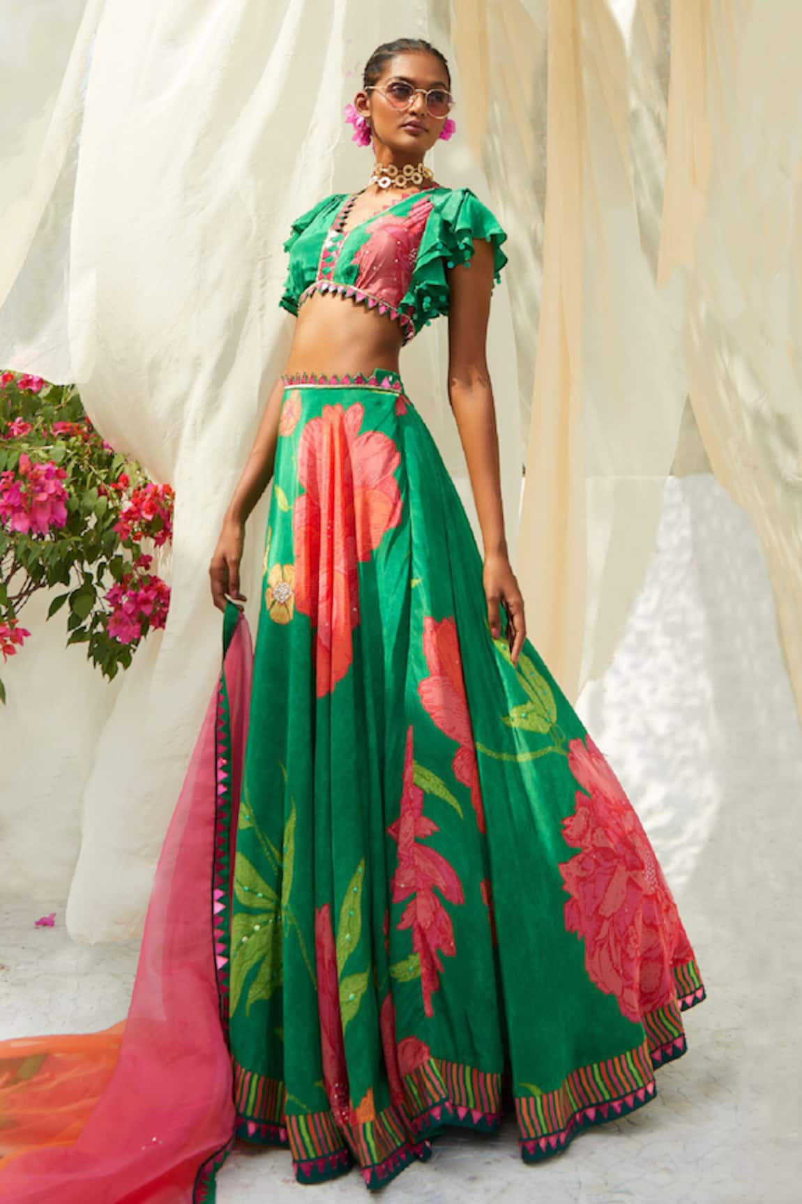 Basil Leaf Floral Bloom Print Lehenga Blouse Set