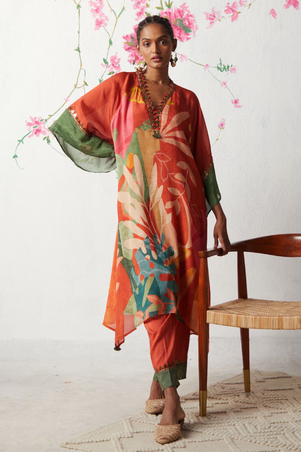 Basil Leaf Tropical Floral Print Kaftan With Pant