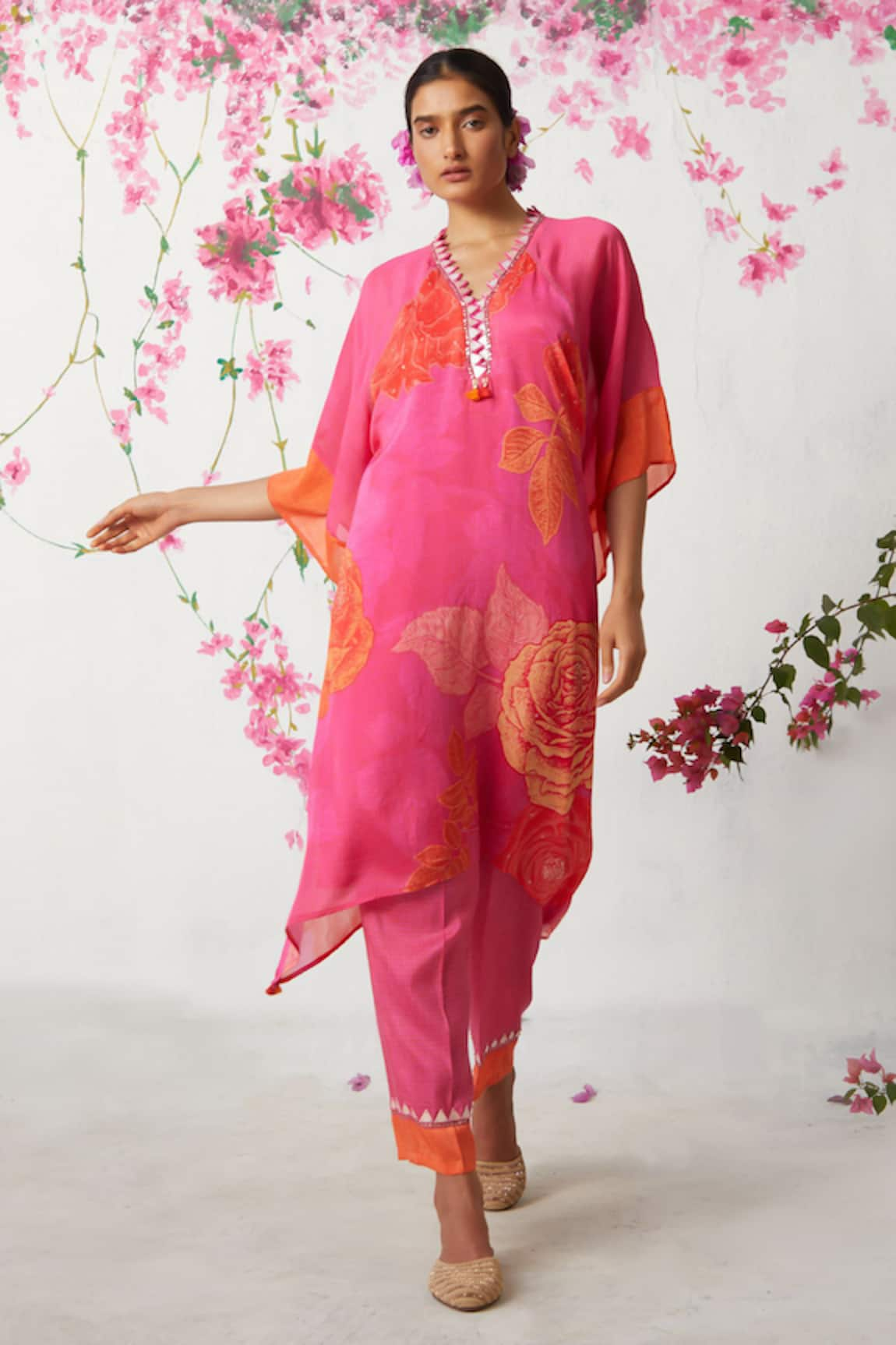 Basil Leaf Rose Bloom Print Kaftan With Pant