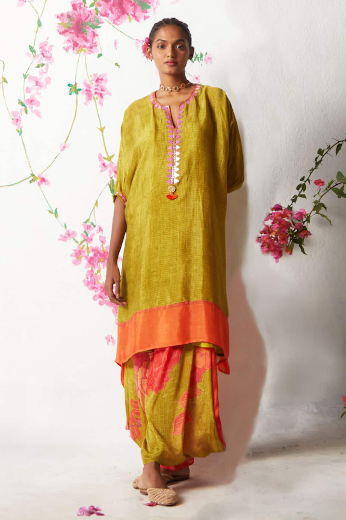 Basil Leaf Straight Kurta With Floral Print Cowl Pant