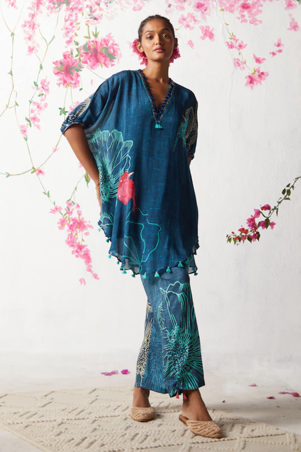 Basil Leaf Flower Bloom Print Kaftan With Pant