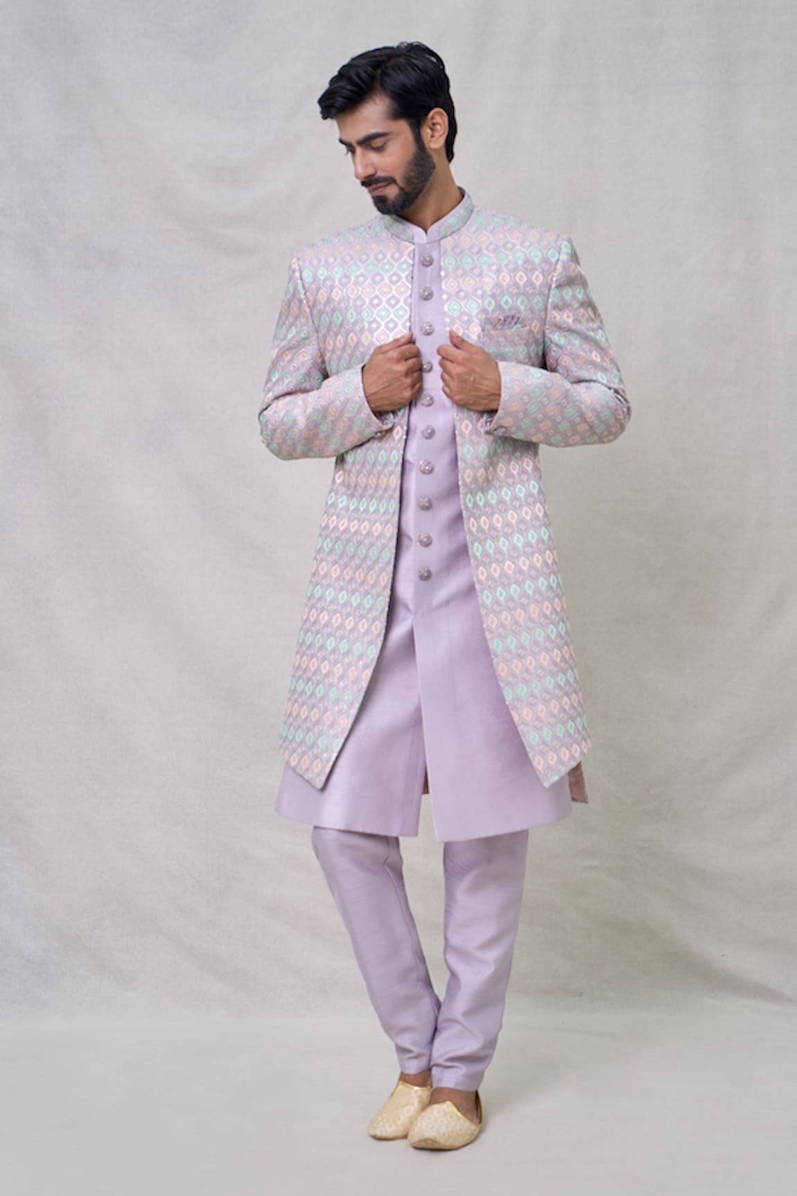 Arihant Rai Sinha Geometric Embroidered Layered Sherwani With Aligadhi Pant