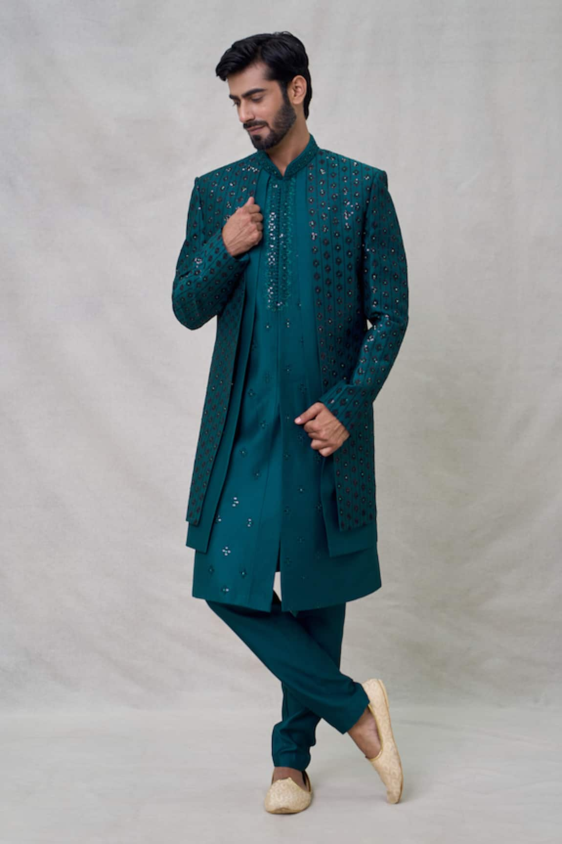 Arihant Rai Sinha Thread Sequin Florin Vine Embroidered Layered Sherwani Set