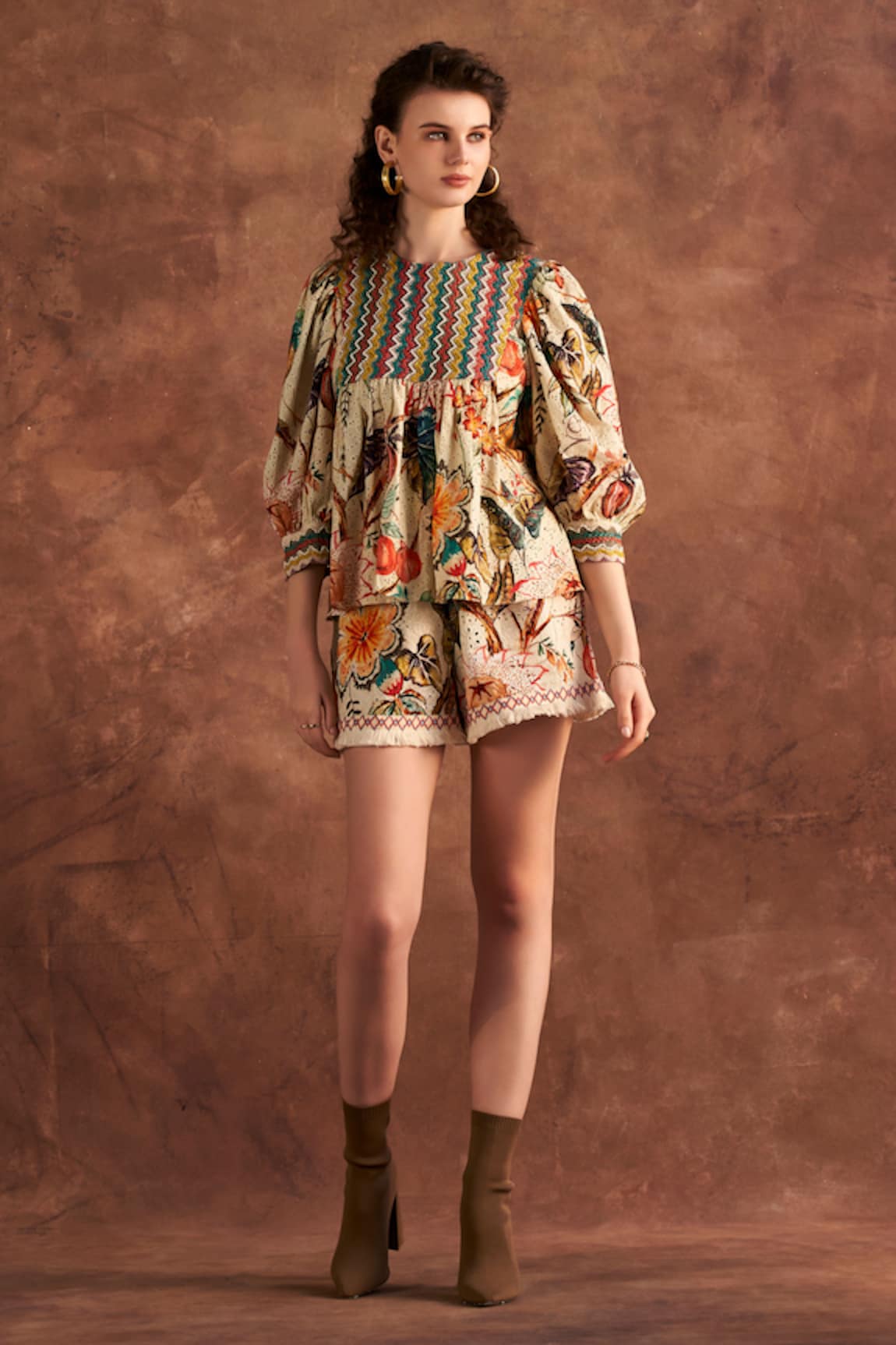 Verb by Pallavi Singhee Floral Print Schiffli Shorts