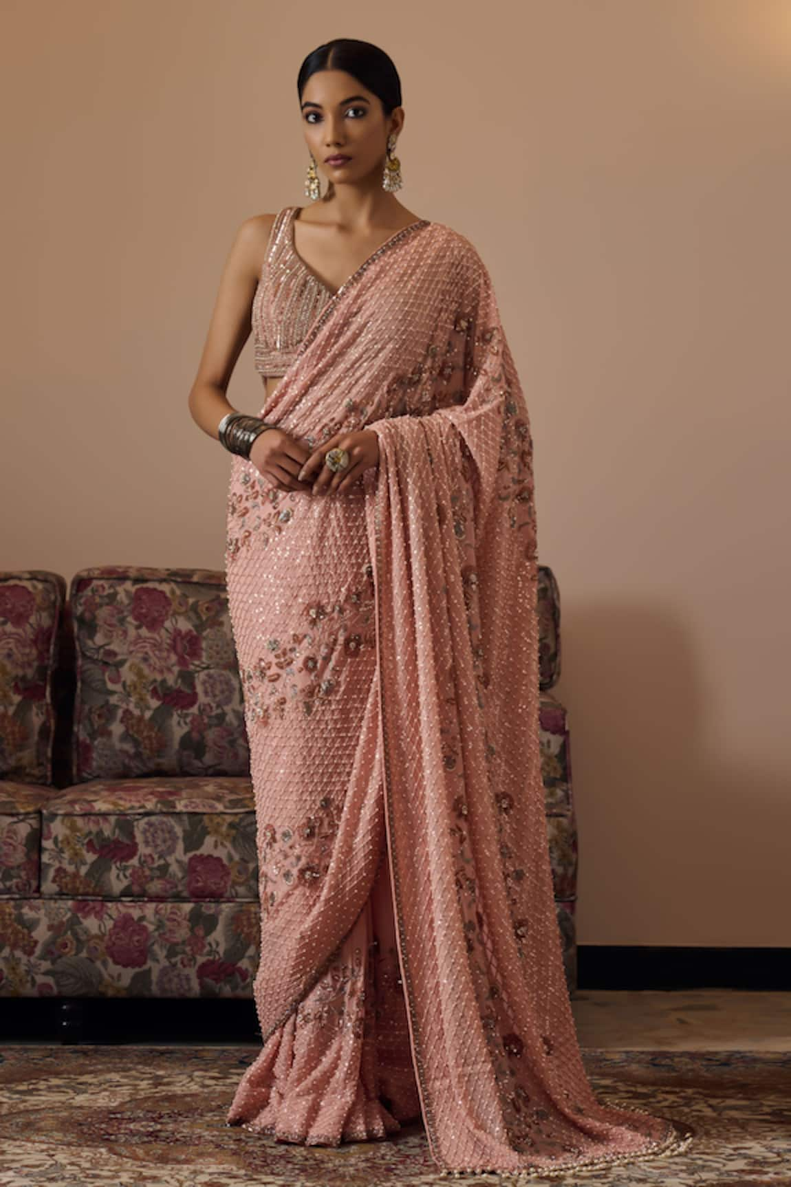 Irrau by Samir Mantri Reeva Diagonal Floral Vine Embroidered Saree With Blouse