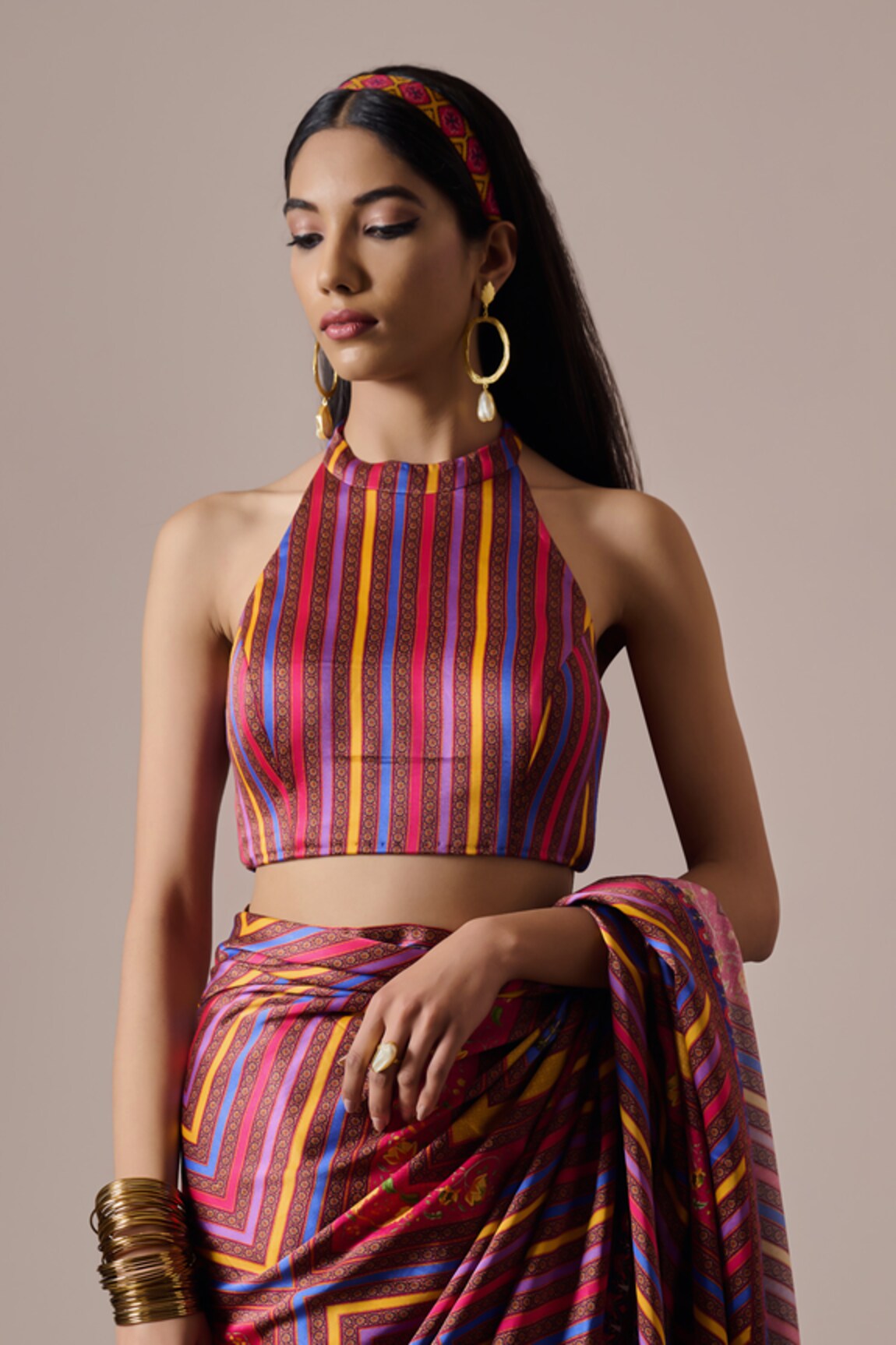 Irrau by Samir Mantri Sarayi Stripe Print Saree Blouse