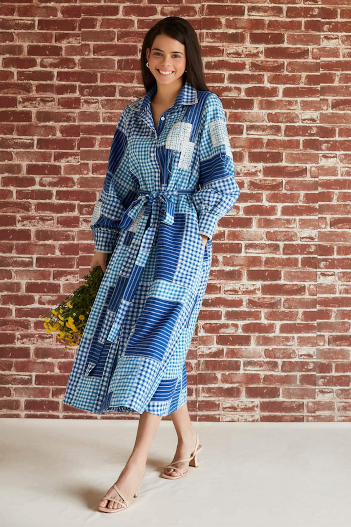 Shruti Sancheti Gingham Checkered Print & Patch Work Shirt Dress With Belt