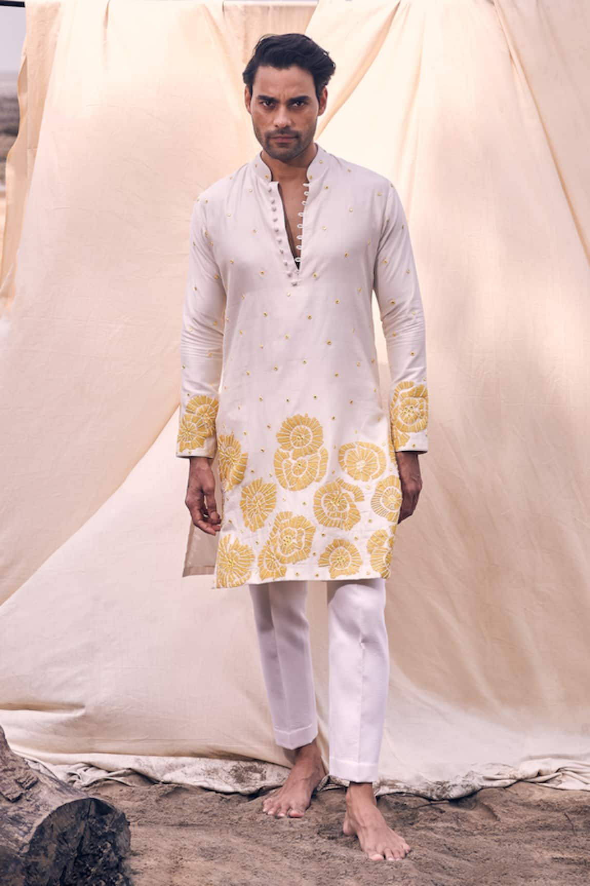 Kaaj Button Floral Applique Embroidered Kurta Set