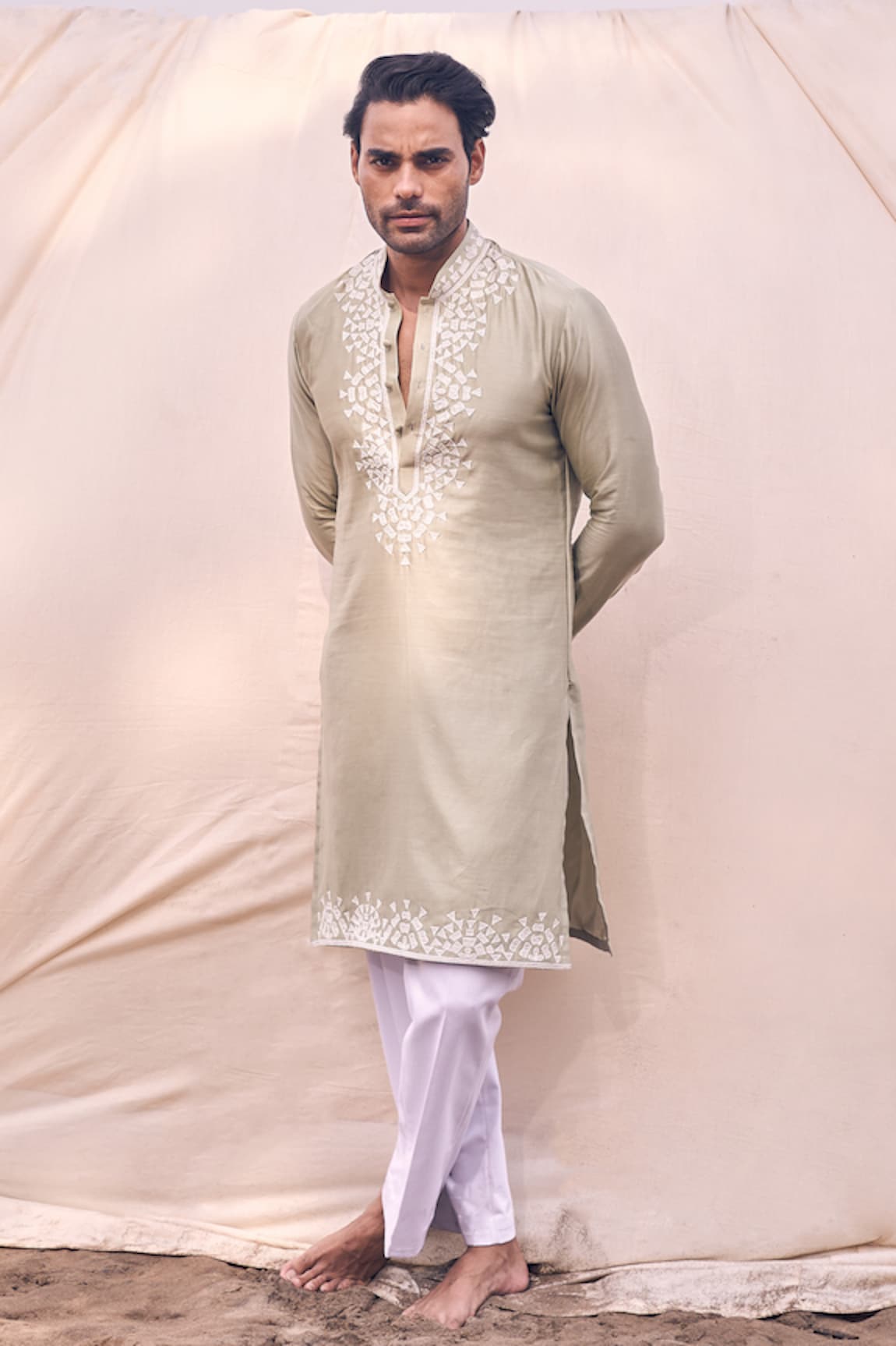 Kaaj Button Applique Placement Embroidered Kurta Set