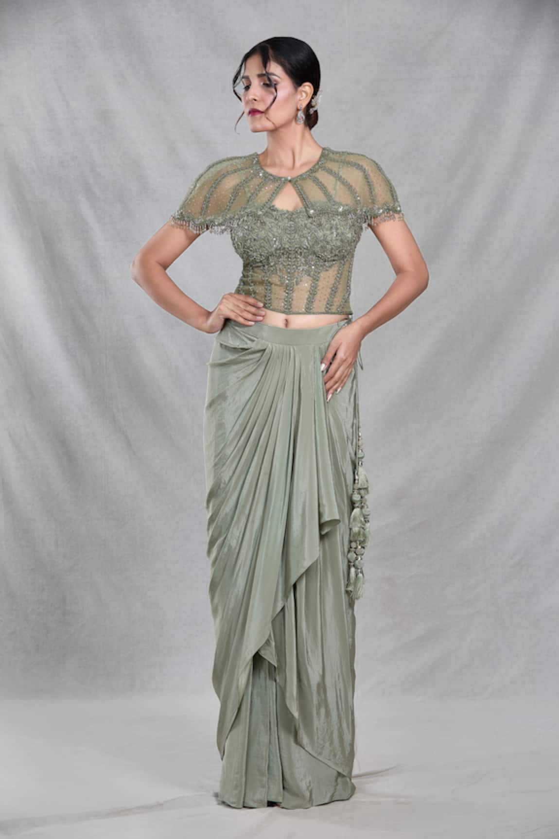 Samyukta Singhania Sequin Ivy Vine Embroidered Cape Draped Skirt Set