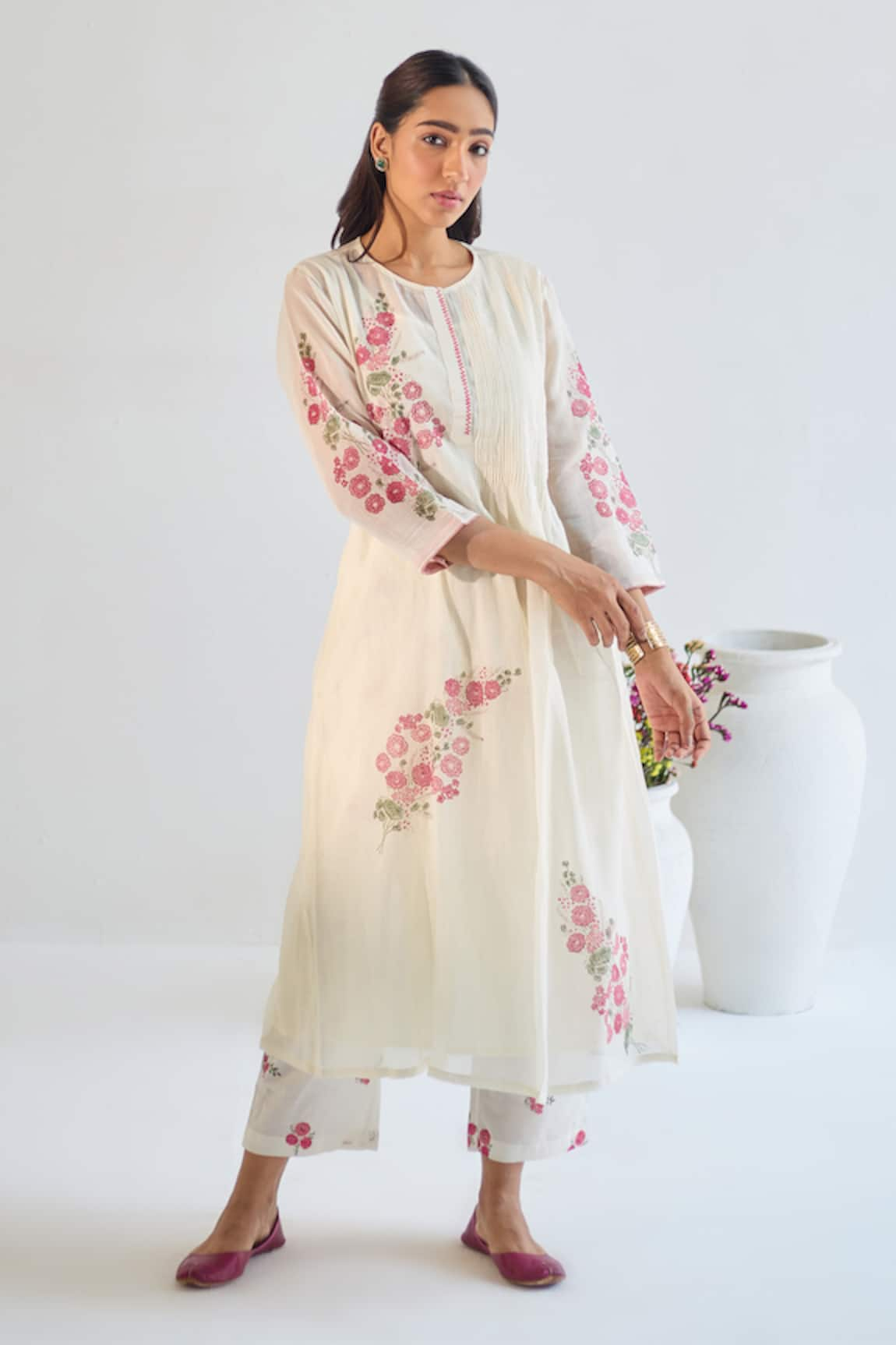 ta’assur Bloom Garden Print Pintucked Anarkali Pant Set