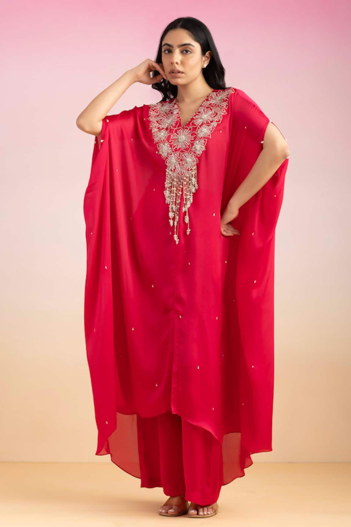 Ajiesh Oberoi Bulbul Floral Tassel Embroidered Kaftan With Palazzo