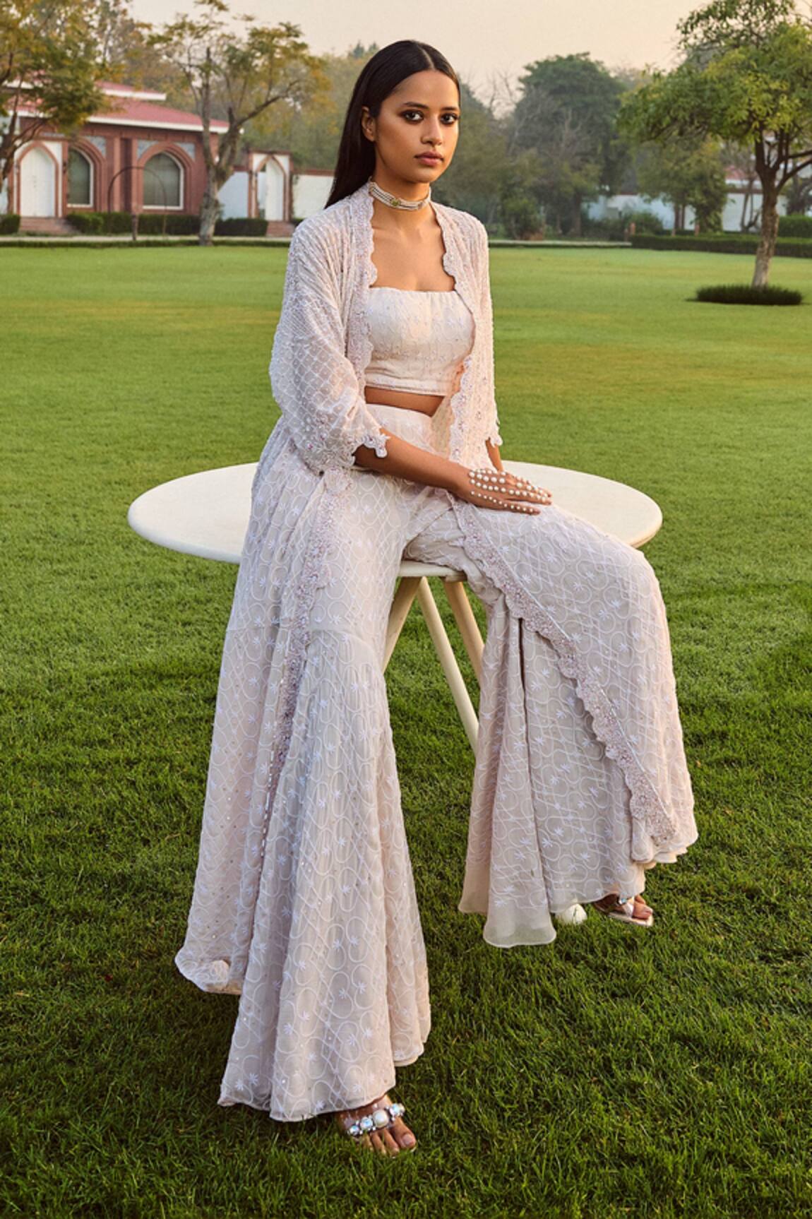 Dolly J Quatrefoil Chikankari Jacket Sharara Set