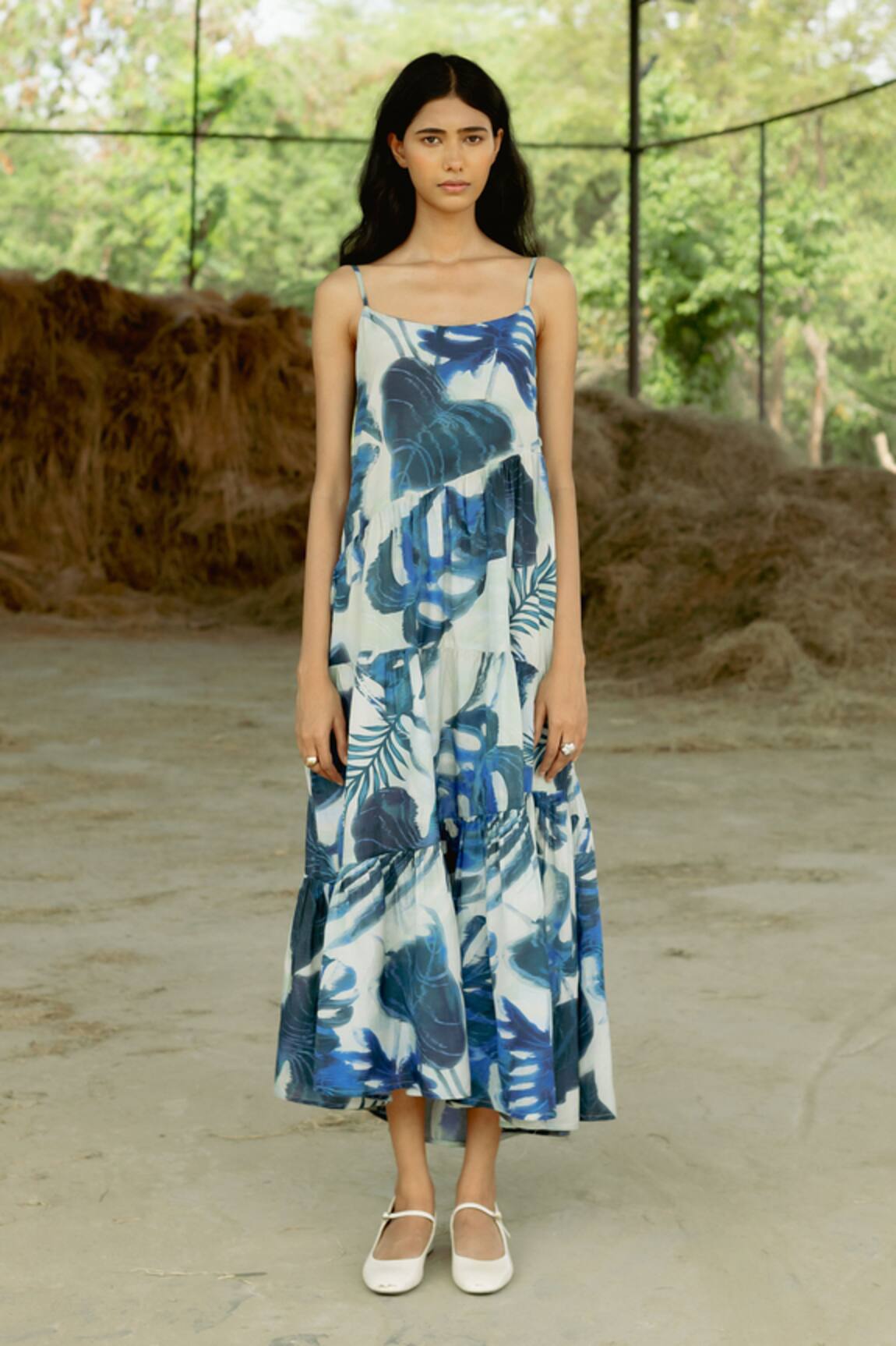 Raasa Tropical Print Tiered Midi Dress