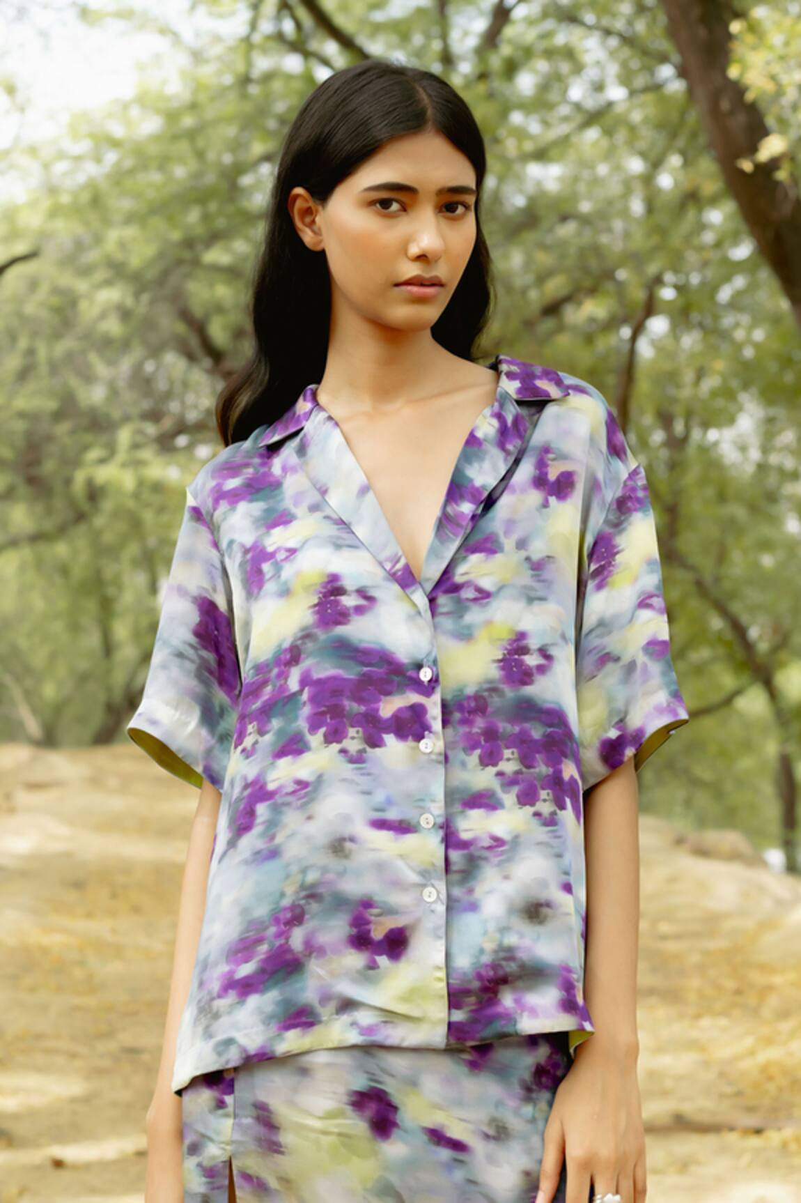 Raasa Dawn Bloom Print Cuban Collar Shirt