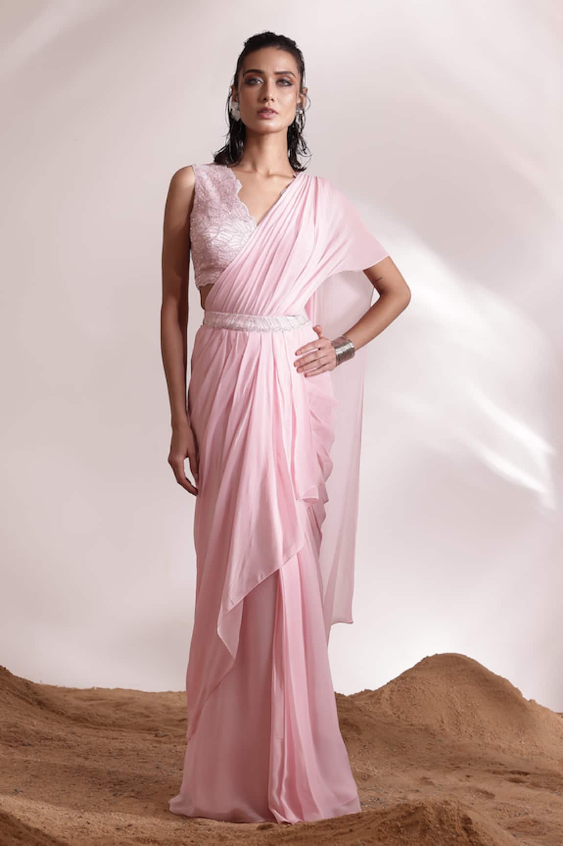 Divya Aggarwal Eve Pre-Draped Ruffle Saree With Embellished Blouse