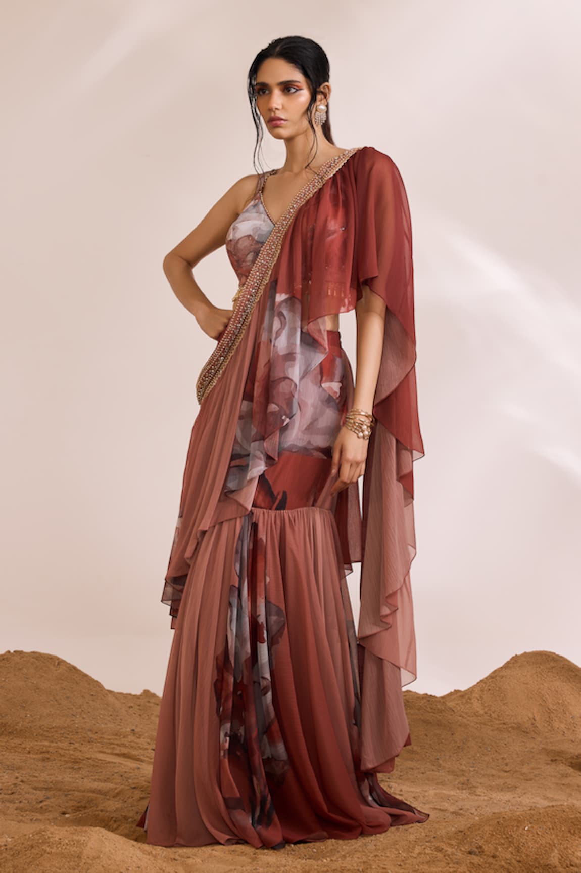 Divya Aggarwal Fiona Printed Pre-Draped Saree With Blouse