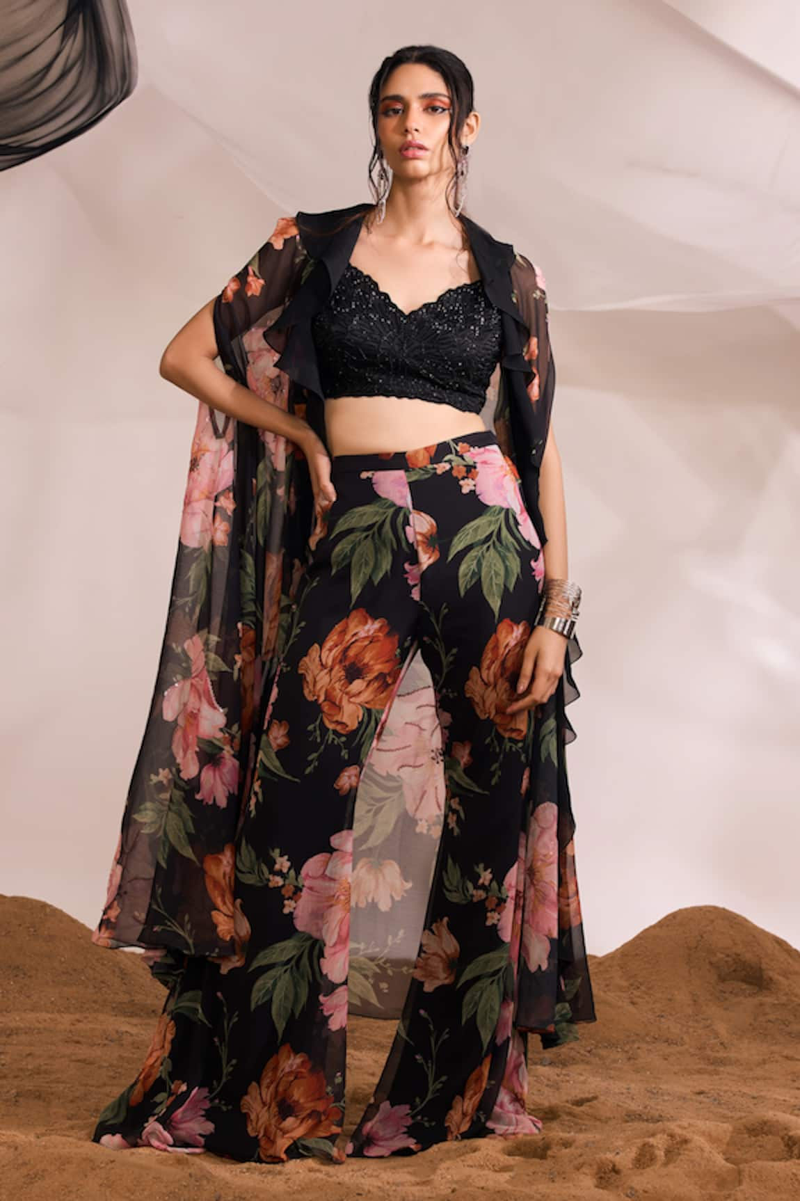 Divya Aggarwal Harlow Floral Print Ruffle Cape & Pant Set