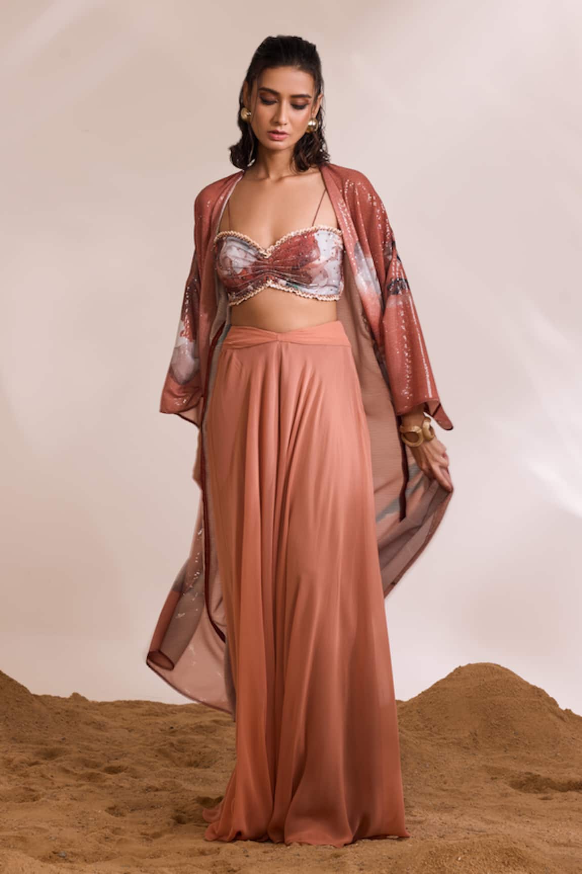Divya Aggarwal Siena Printed Sequin Cape & Flared Pant Set