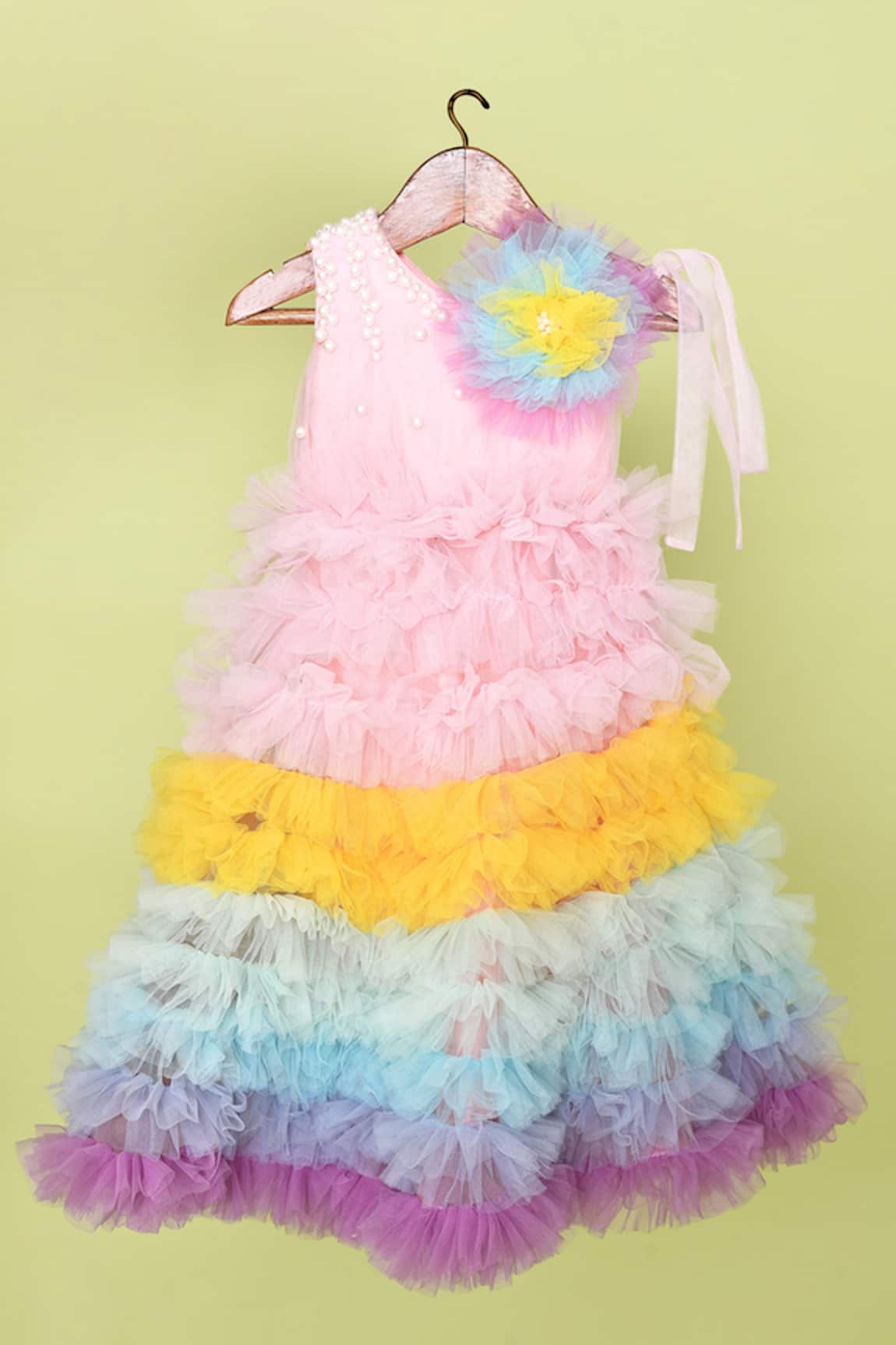 Banana Bee Rainbow Ruffle Tiered One Shoulder Gown With Hair Pin