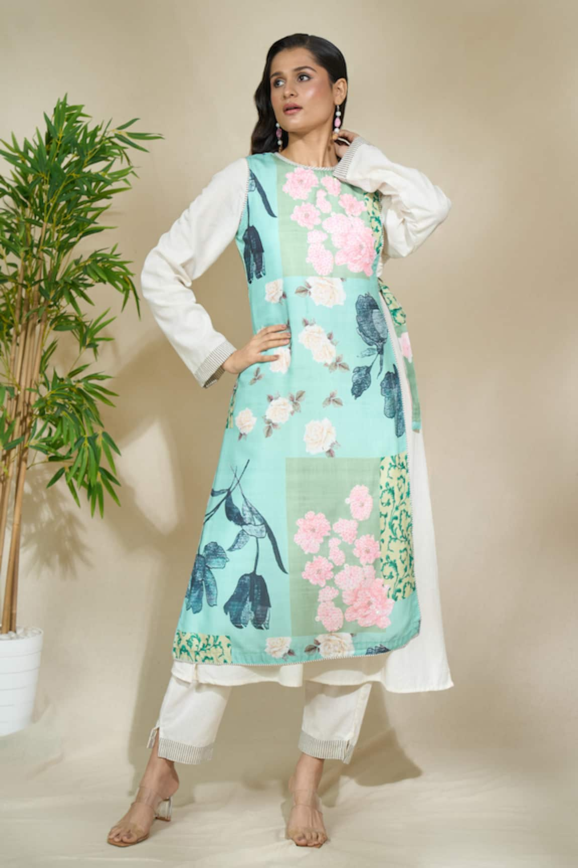 The Home Affair Floral Print Overlap Jacket Kurta Set