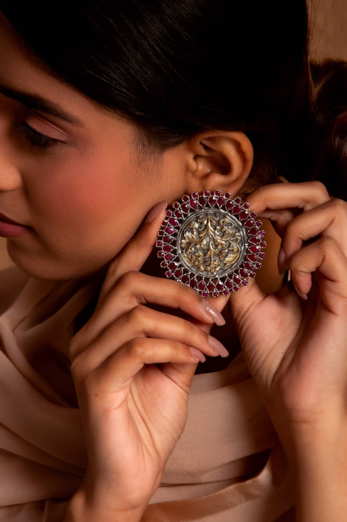 Neeta Boochra Ruby Chitai Stone Embellished Carved Studs