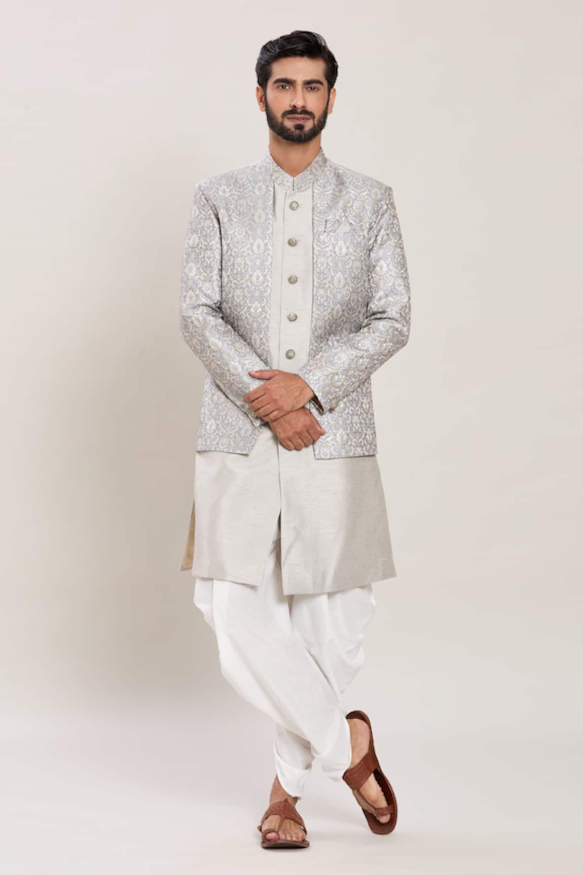 Aryavir Malhotra Vintage Bloom Woven Attached Jacket Kurta Set