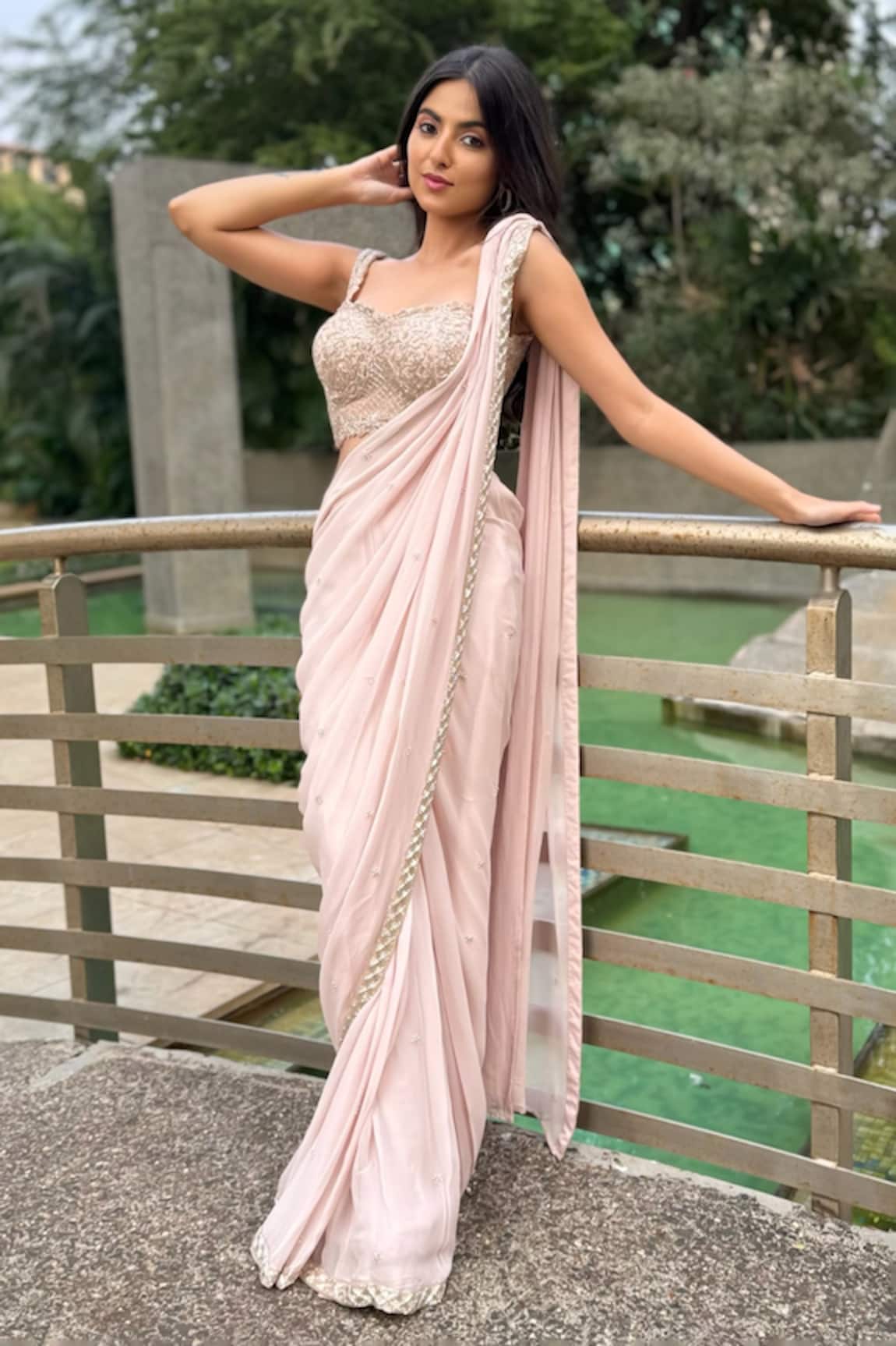 Richa Jaisinghani Label Floret Buti Embroidered Pre-Draped Saree With Blouse