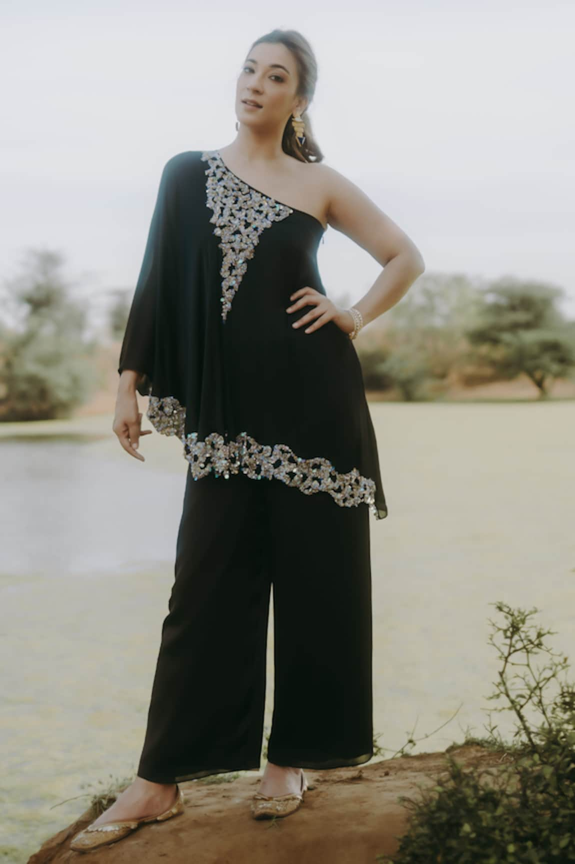 Kaprapan by Anaita Shah One-Shoulder Embroidered Tunic & Pant Set