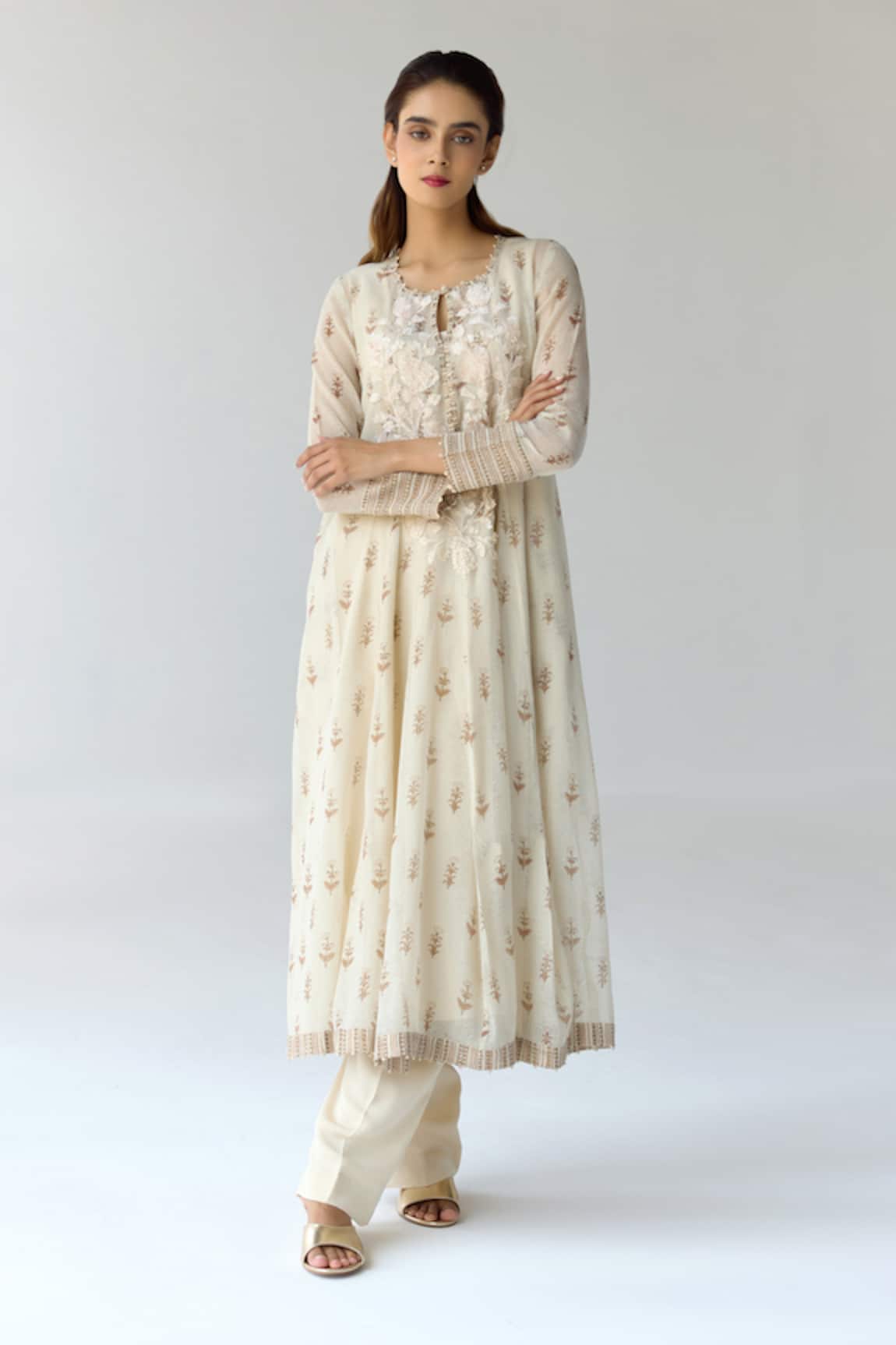 Shyam Narayan Prasad Floral Embroidered Flared Kurta Trouser Set