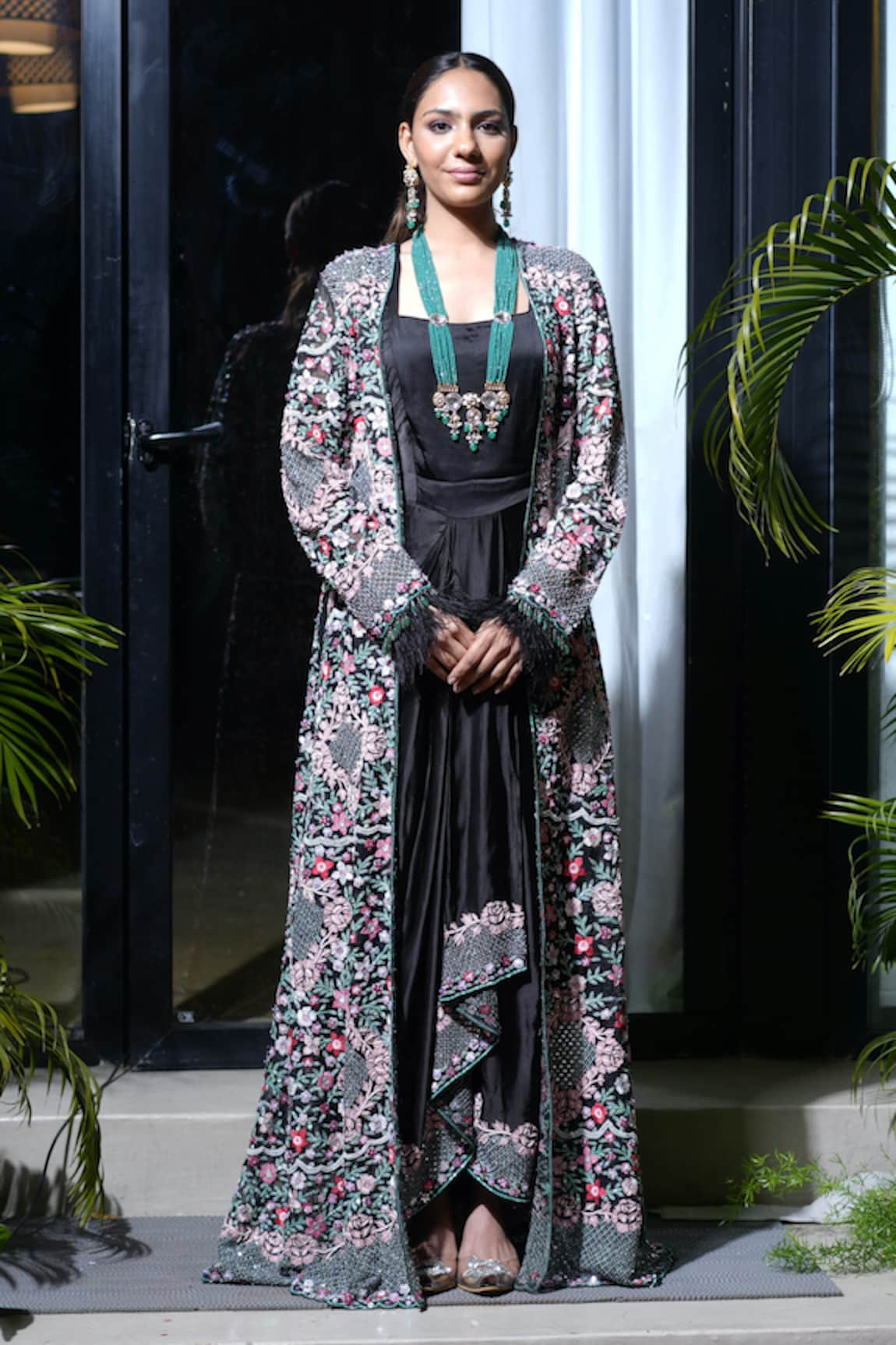 Farha Syed Resham Embroidered Draped Gown With Jacket