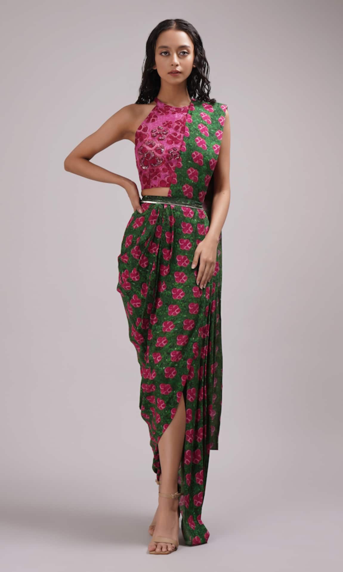 Breathe by Aakanksha Singh Redbud Floral Print Pre-Draped Saree With Blouse