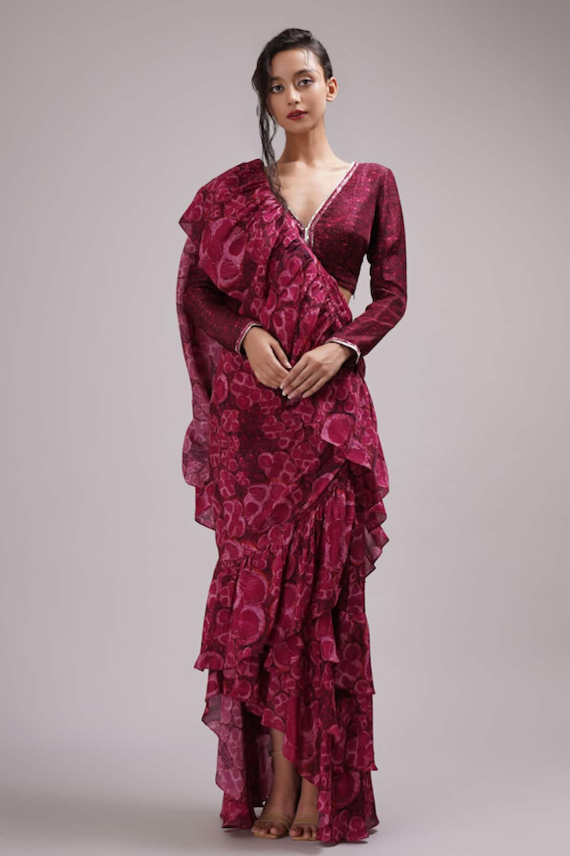 Breathe by Aakanksha Singh Winkle Printed Pre-Draped Ruffle Saree With Blouse