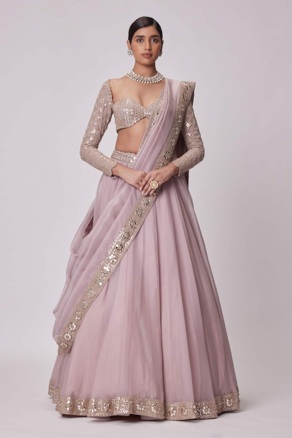 Vvani by Vani Vats Placement Mirror Embroidered Lehenga Set