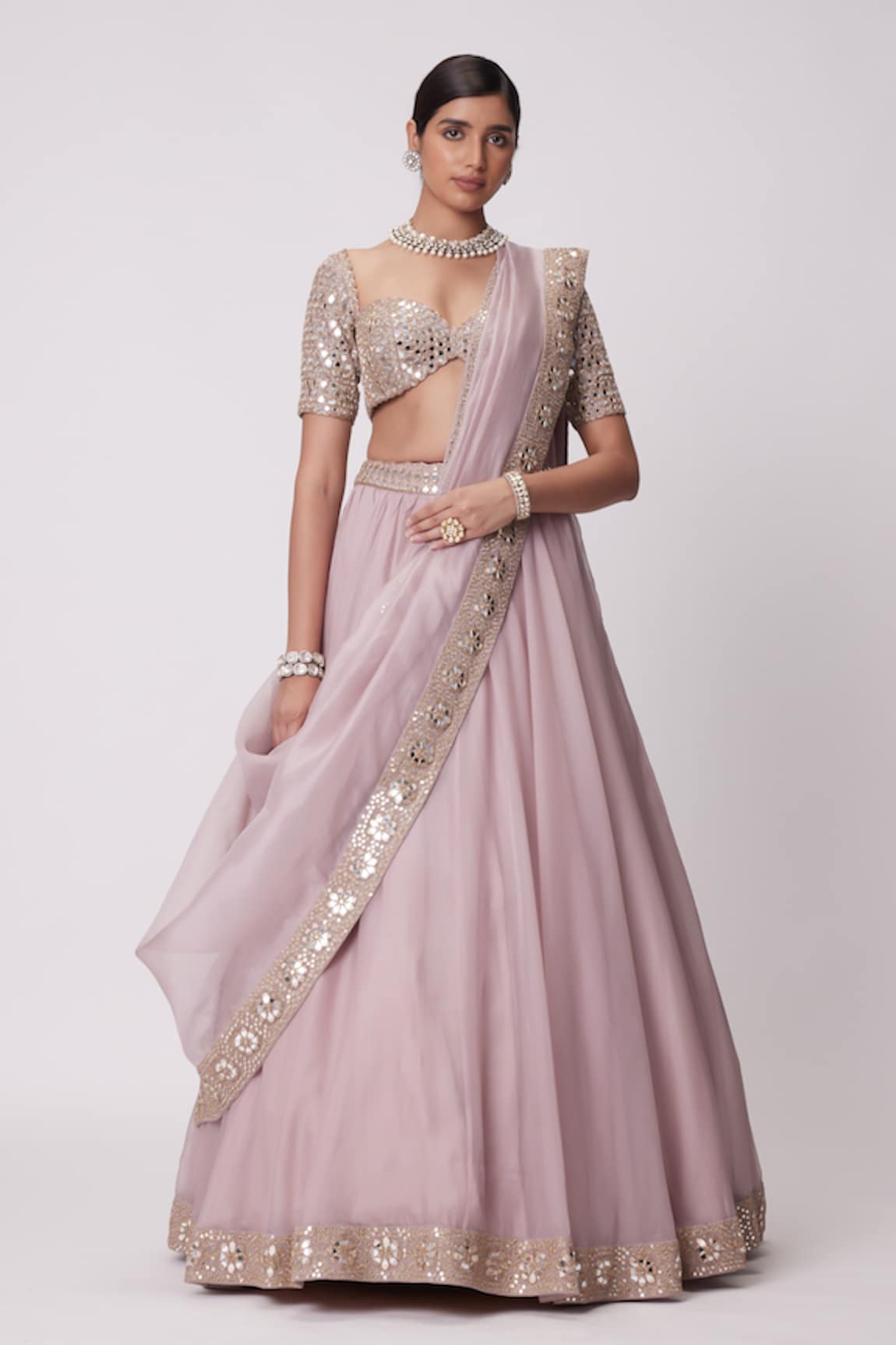 Vvani by Vani Vats Placement Mirror Work Lehenga Set