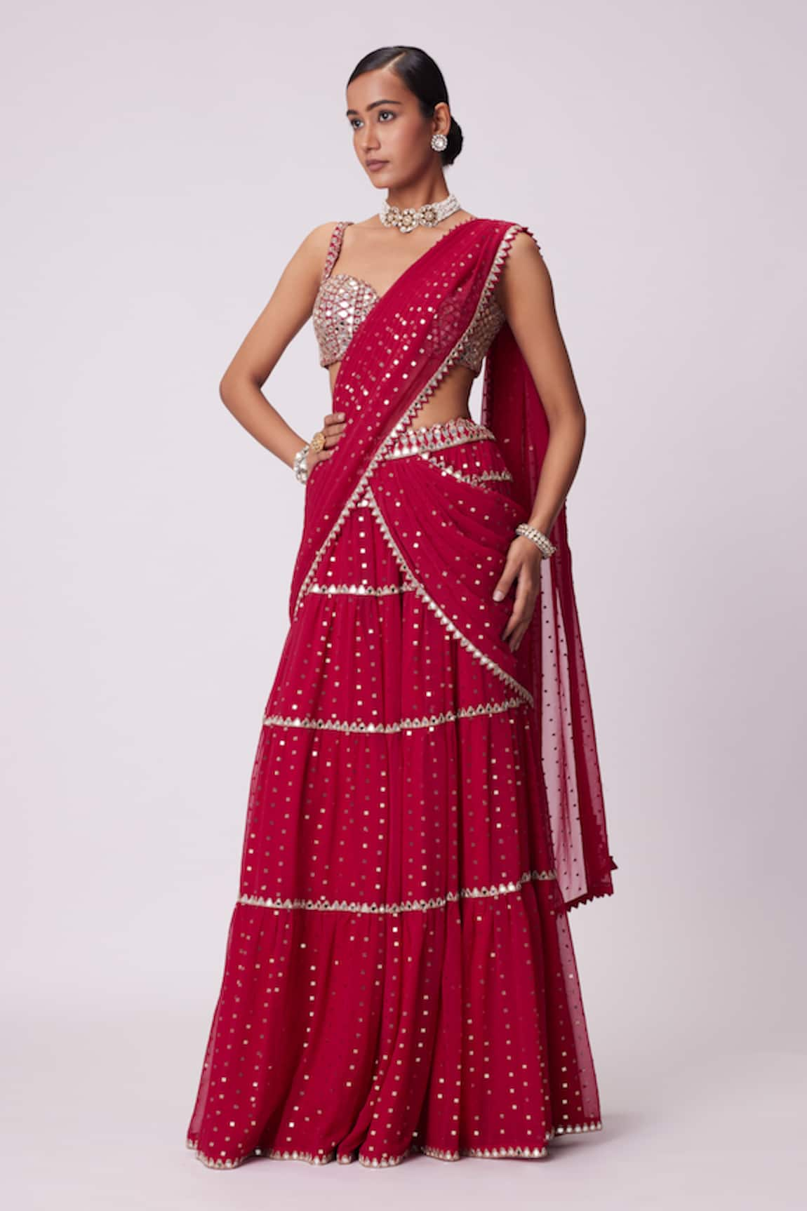 Vvani by Vani Vats Sheesha Quad Embroidered Tiered Lehenga Saree With Blouse