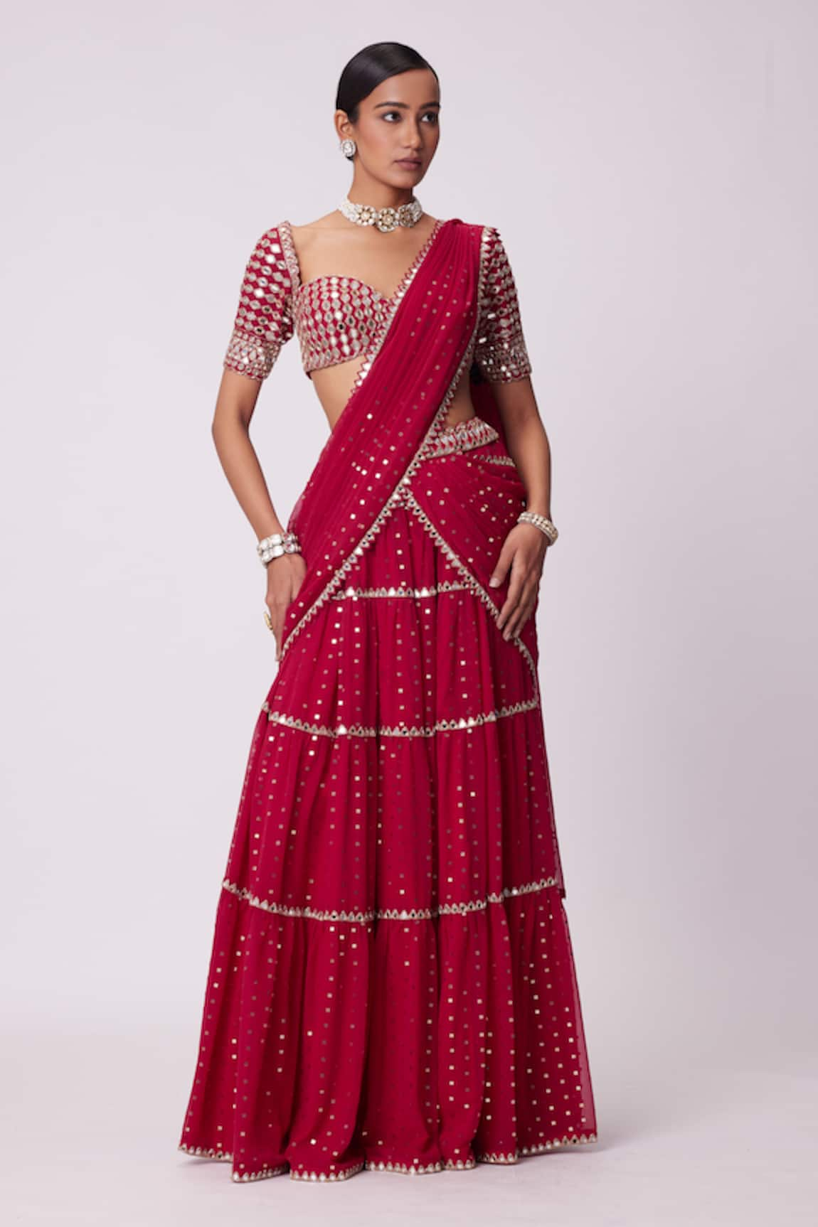 Vvani by Vani Vats Tikki Embroidered Tiered Lehenga Saree With Blouse