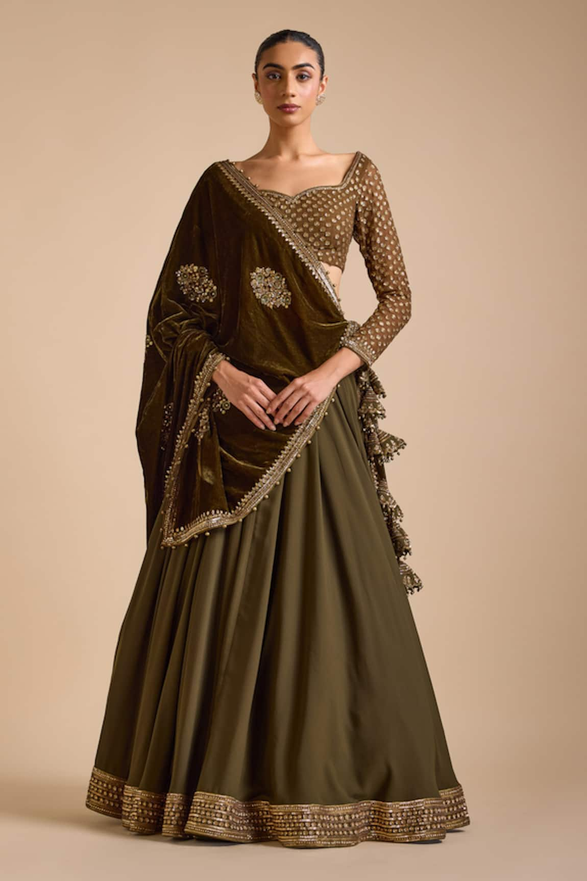 Prevasu Amaira Sequin Embellished Lehenga Set With Velvet Dupatta