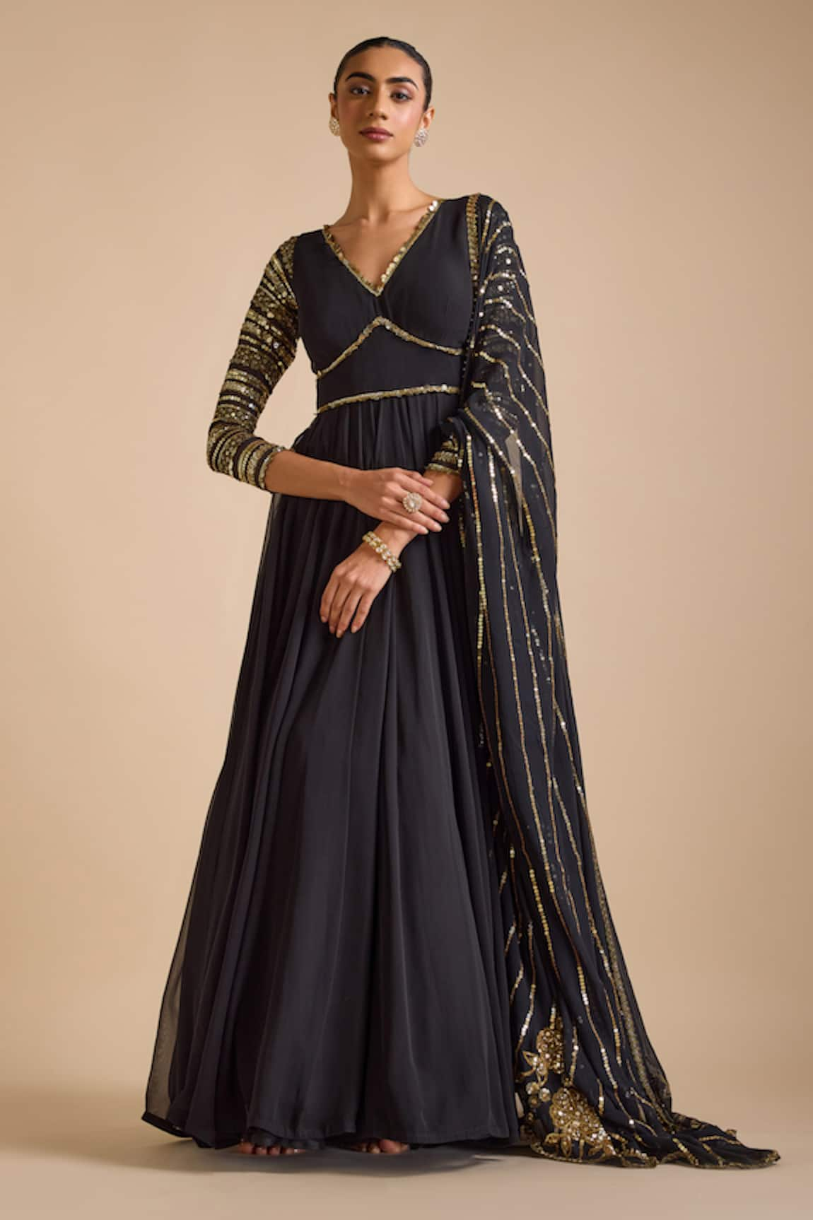 Prevasu Sequin Stripe Sleeves Anarkali With Dupatta